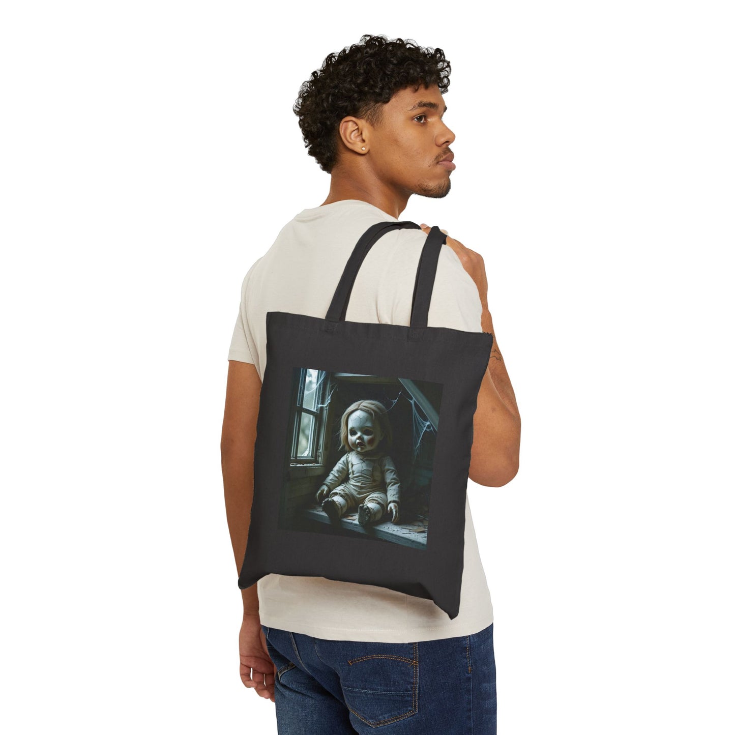 Isabella - Spooky Doll Art Tote Bag in Black
