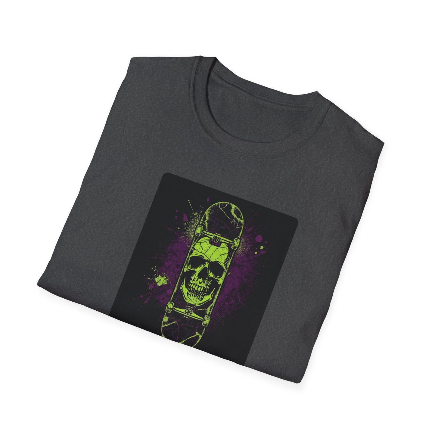 Neon Skull Skateboard – Electric Street Rebel T-Shirt in Dark Heather - Folded