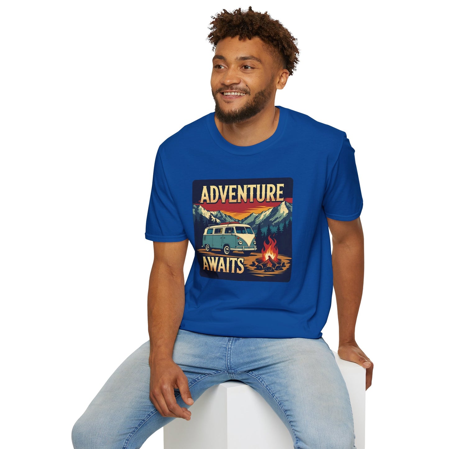 Adventure Awaits - Retro Camper Van Adventure T-Shirt in Royal