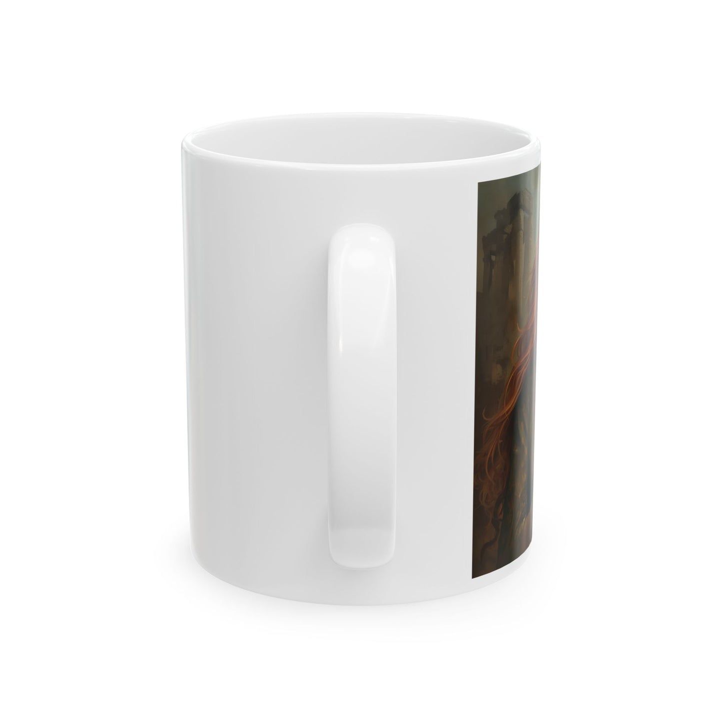 Brigid Flame – Celtic Goddess Mug - Side View - white mug with image of Brigid