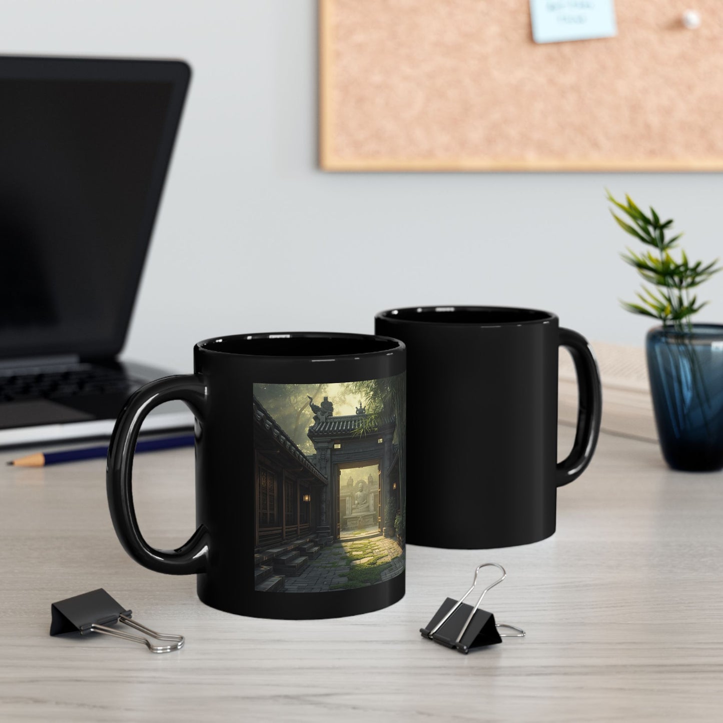 Dawn at the Courtyard Mug - Two coffee mugs with front and back view. Black mug with a scenic design