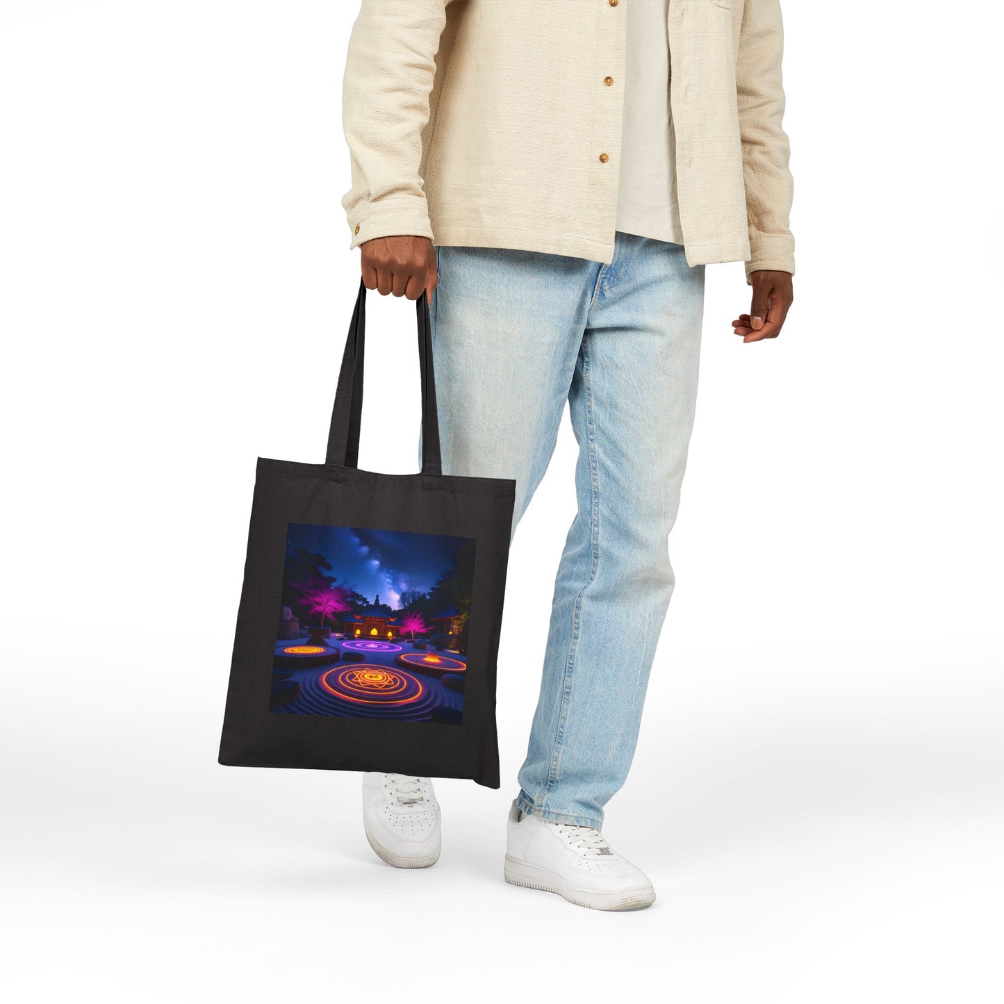 Zen Garden with Neon Chakras Spiritual Canvas Tote Bag in Black