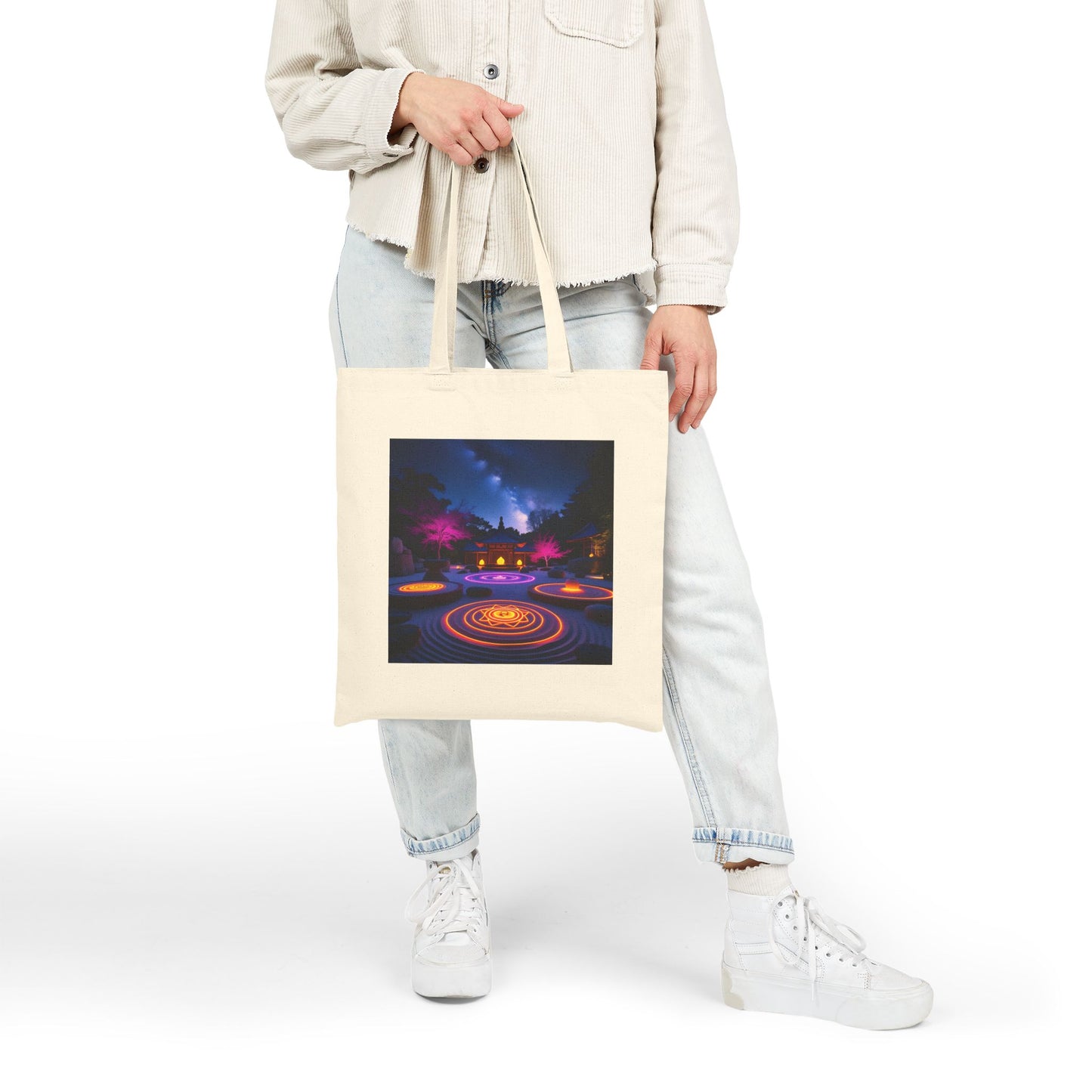 Zen Garden with Neon Chakras Spiritual Canvas Tote Bag in Natural