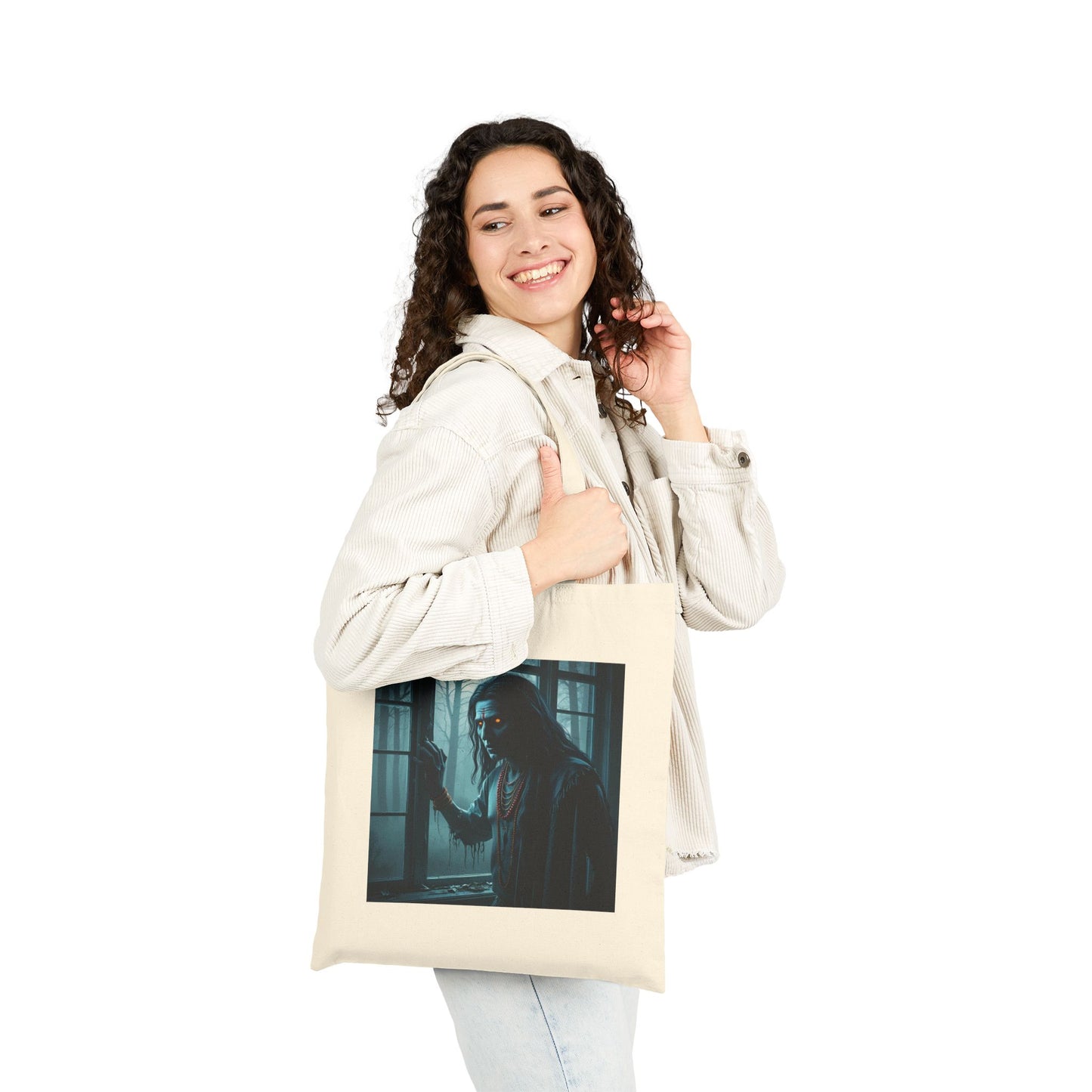 Spooky Ghost Art Cotton Canvas Tote Bag in Natural