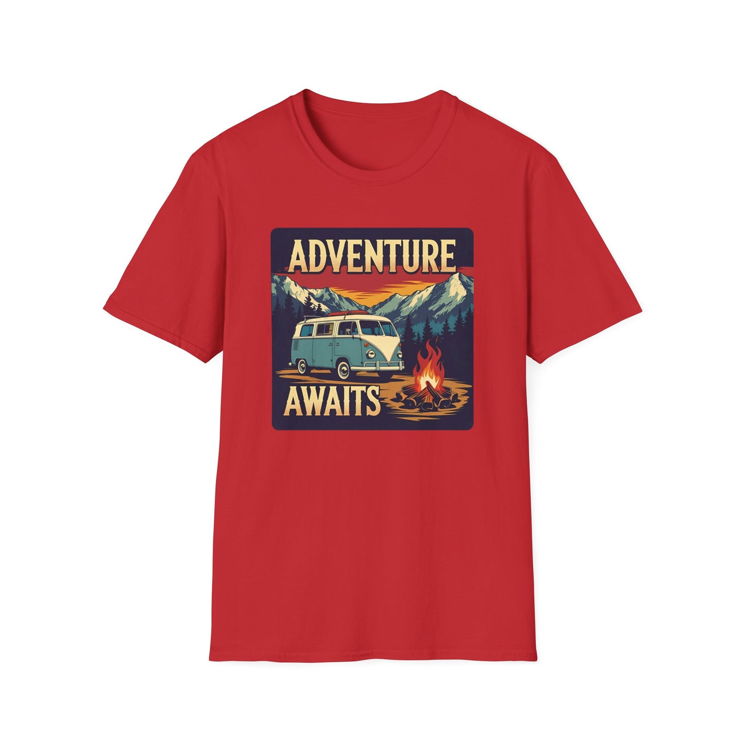 Adventure Awaits - Retro Camper Van Adventure T-Shirt in Red