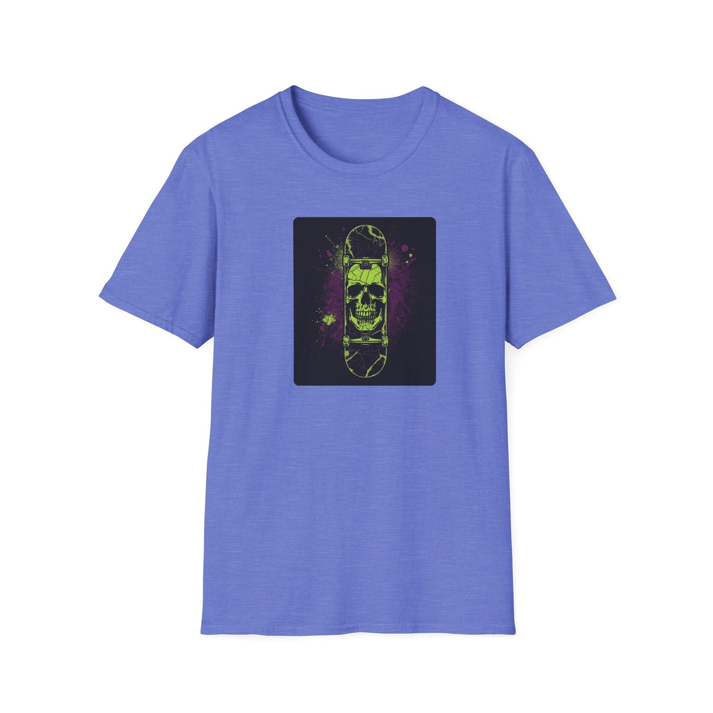 Neon Skull Skateboard – Electric Street Rebel T-Shirt in Heather Royal