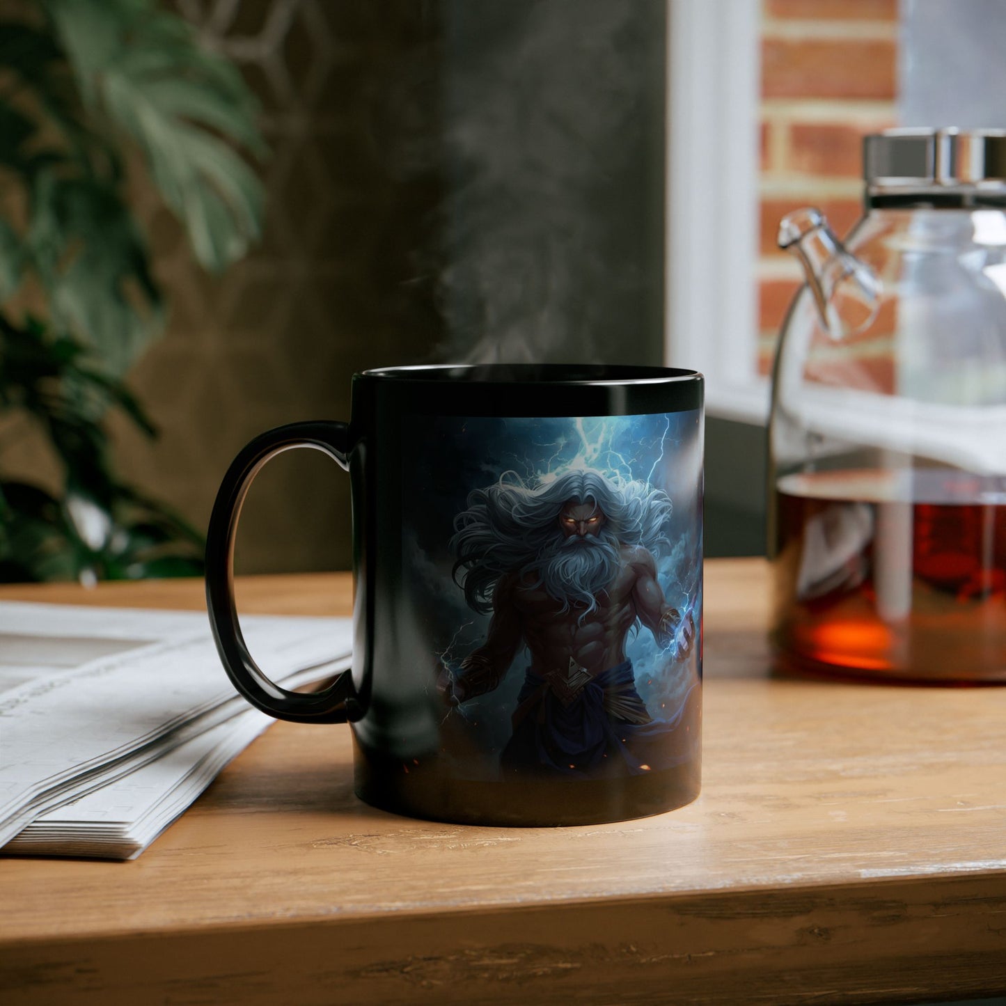 Zeus - Thunderfist - Lord of the Sky Mug - black mug with Zeus image on wooden table