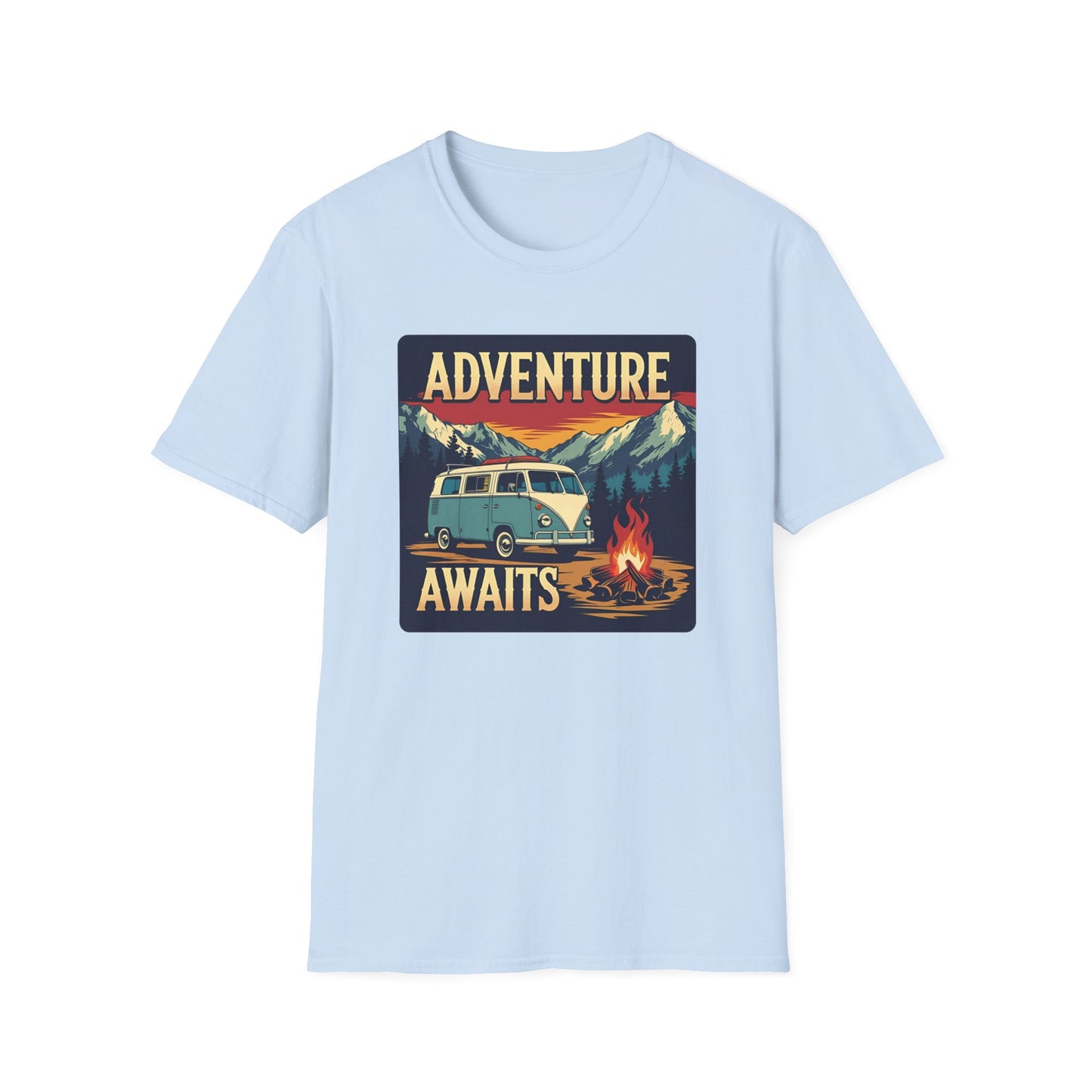 Adventure Awaits - Retro Camper Van Adventure T-Shirt in Light Blue