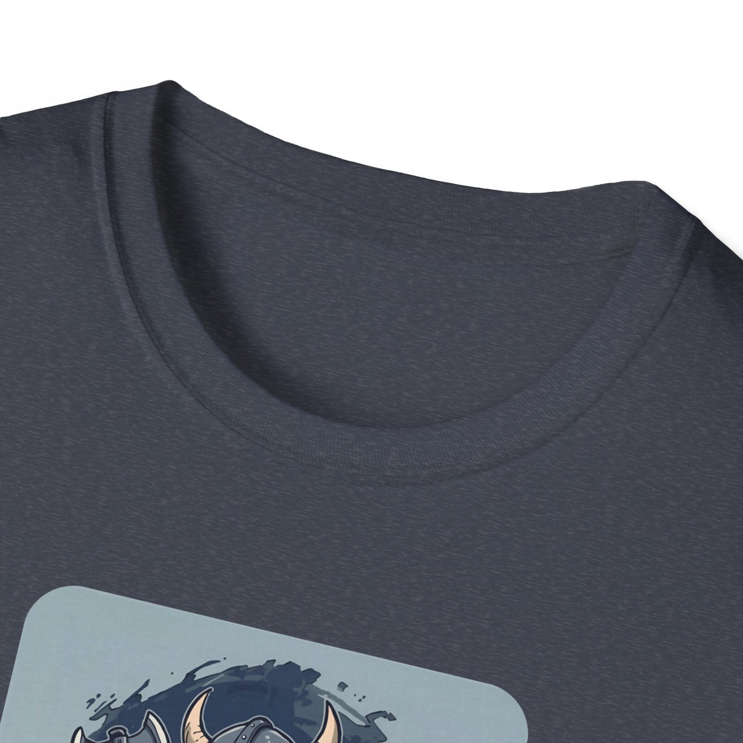 Goth Viking Duck – Dark Cartoon Chaos T-Shirt in Heather Navy - Neckline