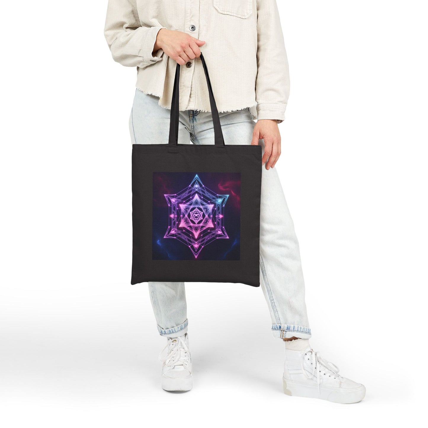 Neon Mandala Art Cotton Canvas Tote Bag in Black