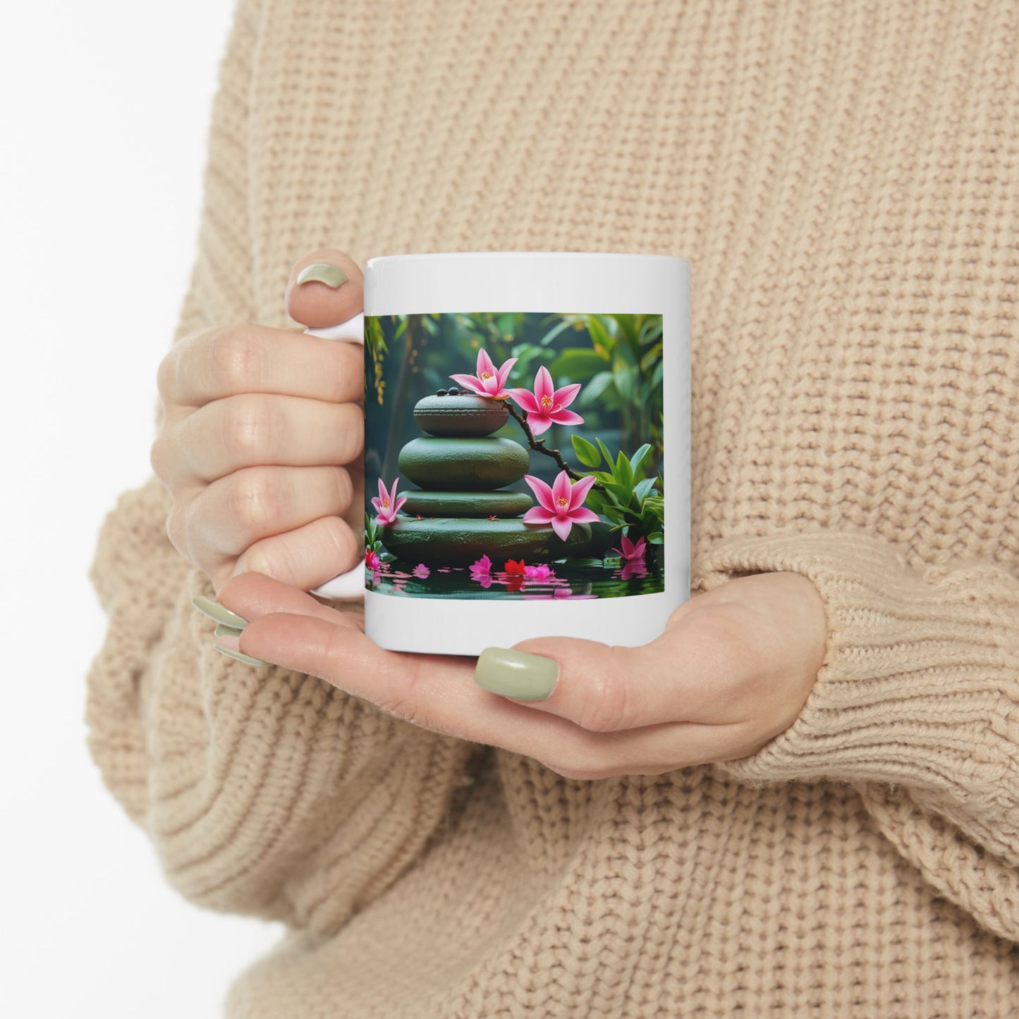 Lotus Serenity Ceramic Mug - white mug with lotus serene design