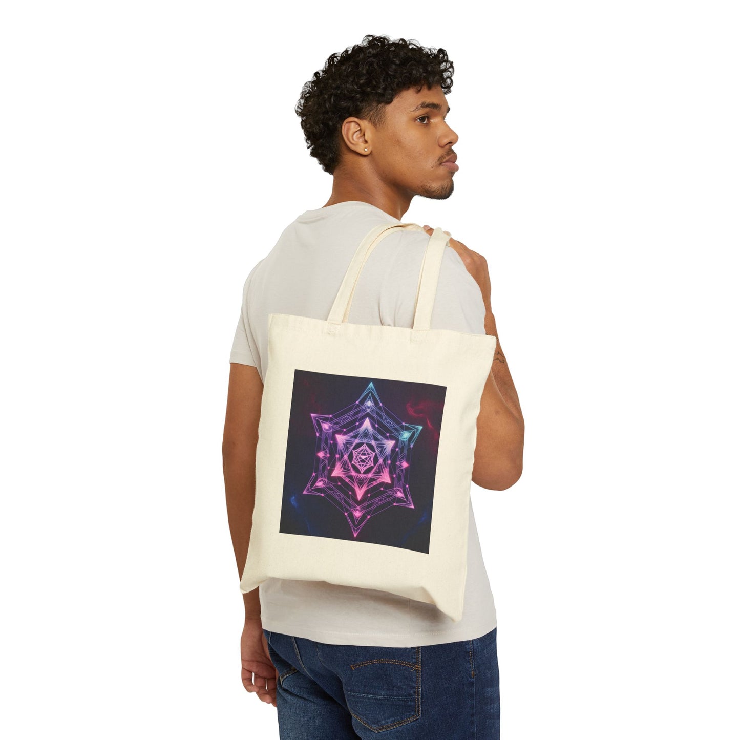 Neon Mandala Art Cotton Canvas Tote Bag in Neutral
