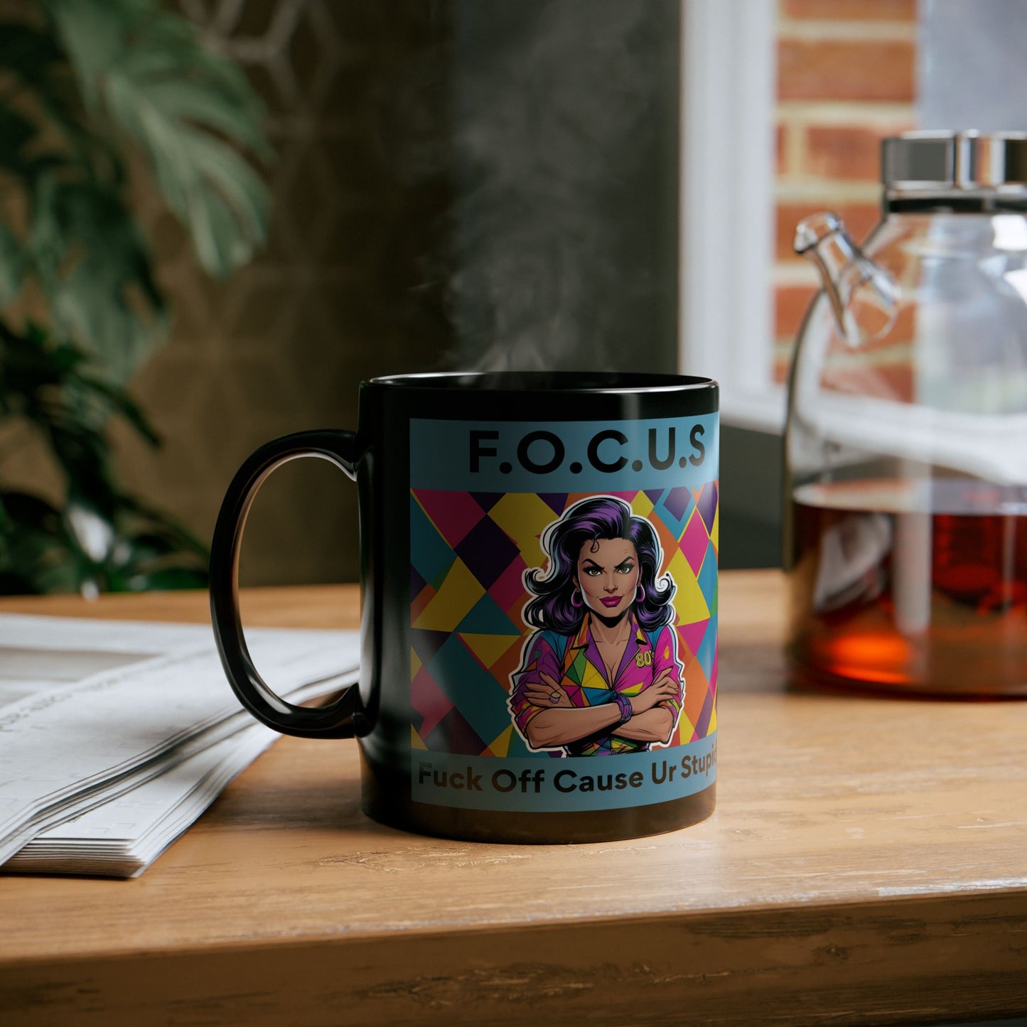 F.O.C.U.S. – Fuck Off Cause Ur Stupid Funny Mug - black mug with cartoon image and funny text