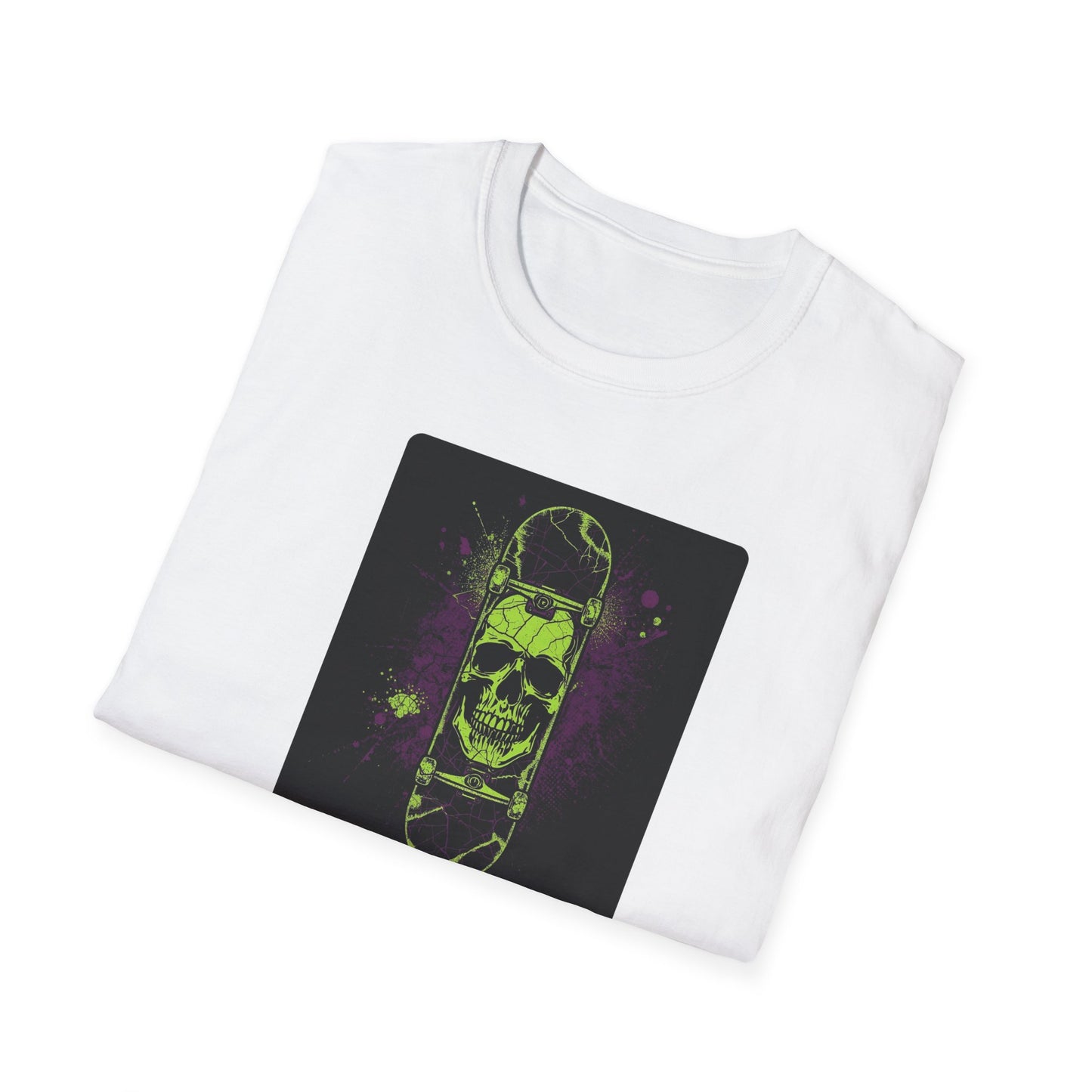 Neon Skull Skateboard – Electric Street Rebel T-Shirt in White - Folded