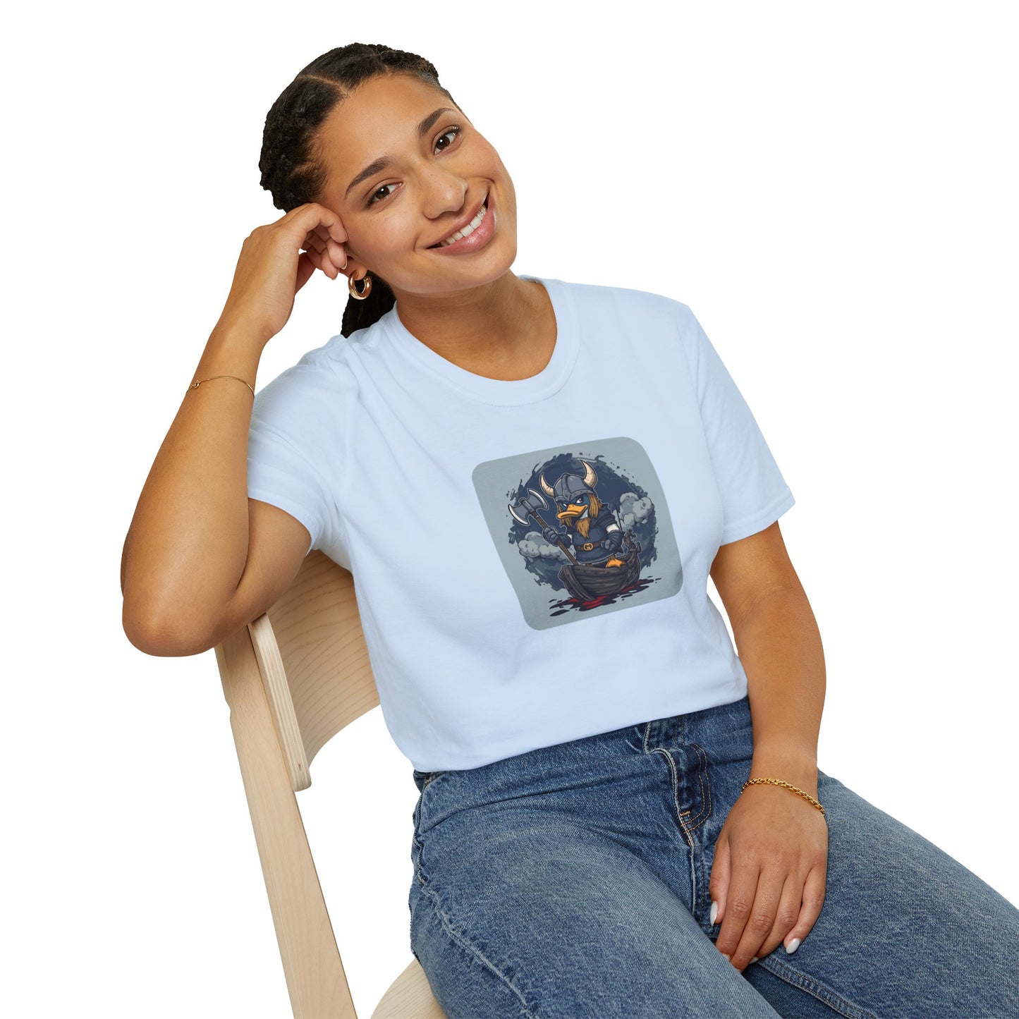 Goth Viking Duck – Dark Cartoon Chaos T-Shirt in Light Blue