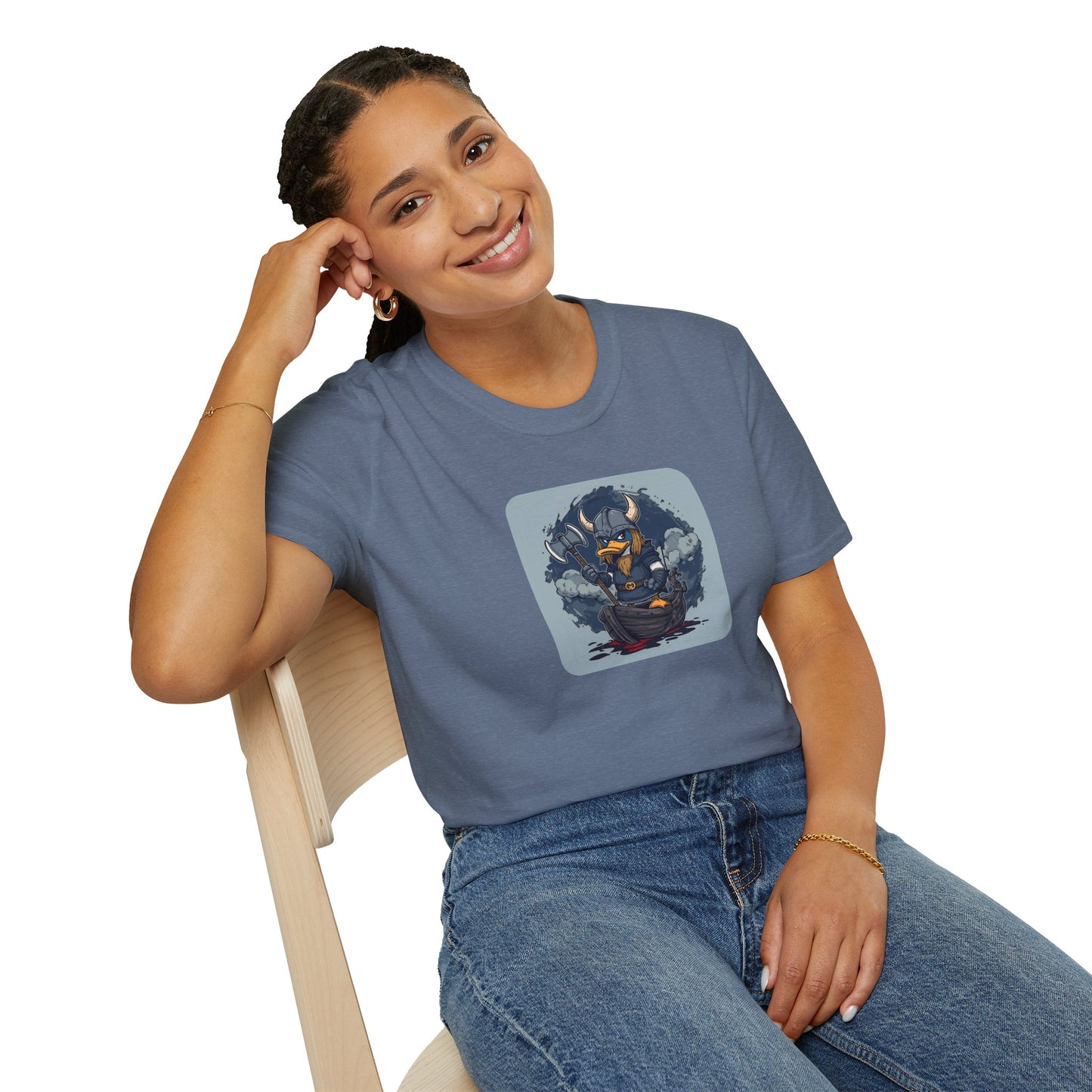 Goth Viking Duck – Dark Cartoon Chaos T-Shirt in Heather Indigo