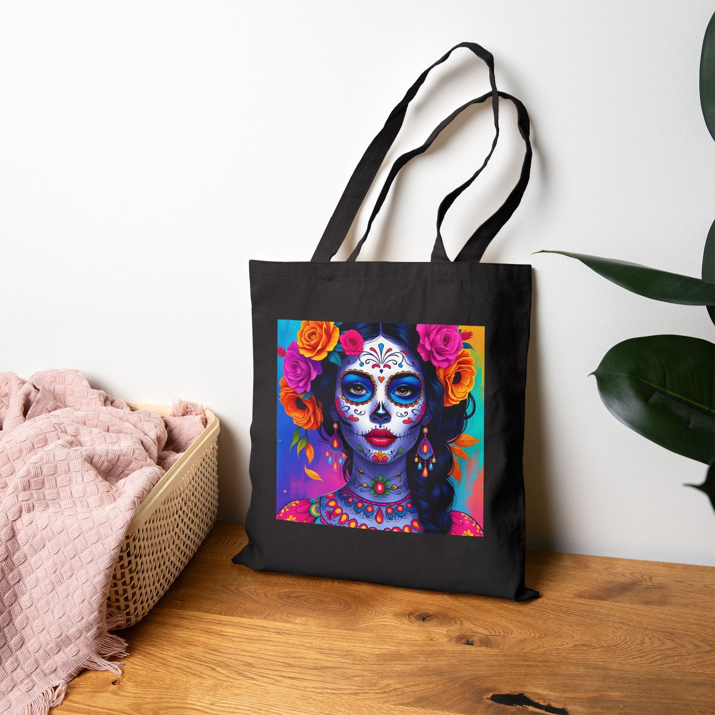 Blush Inferno – Pink Sugar Skull Goddess Tote Bag in Black