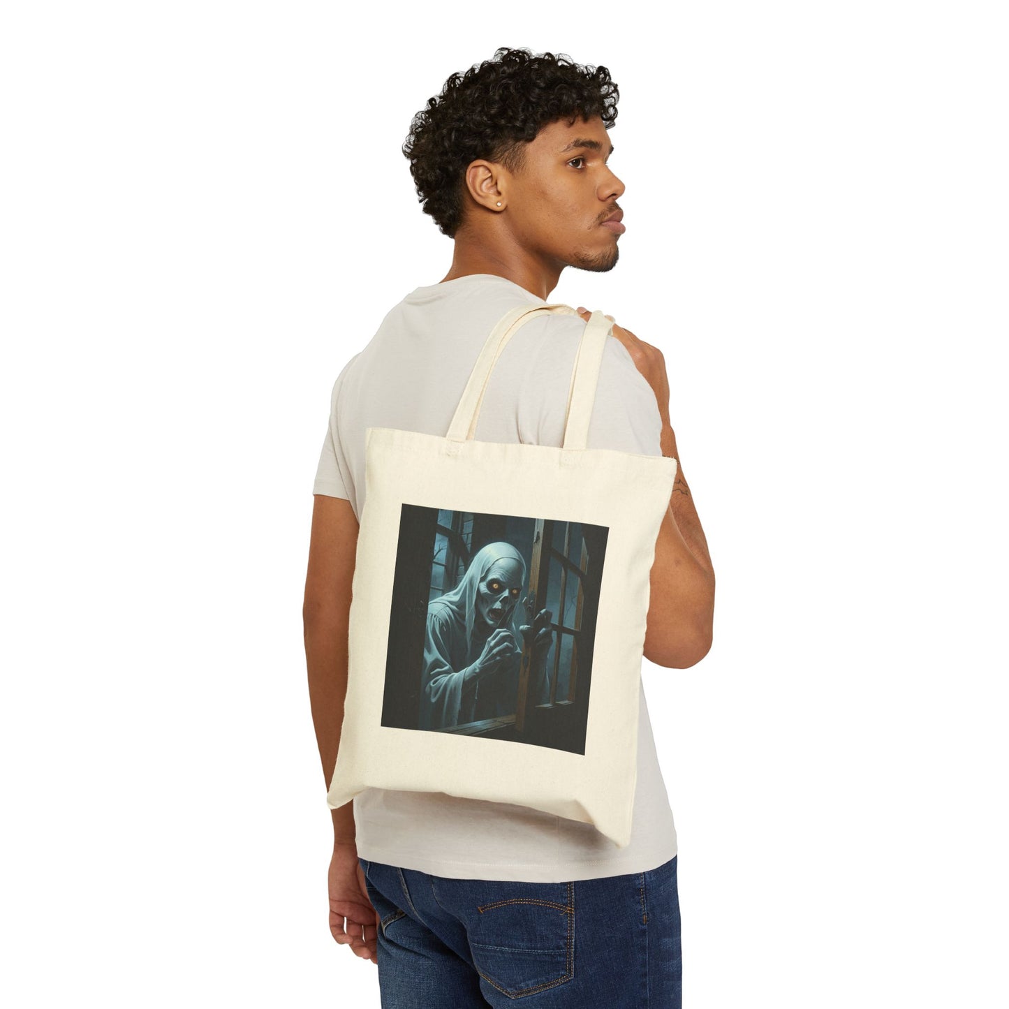Spooky Ghost Canvas Tote Bag in Natural