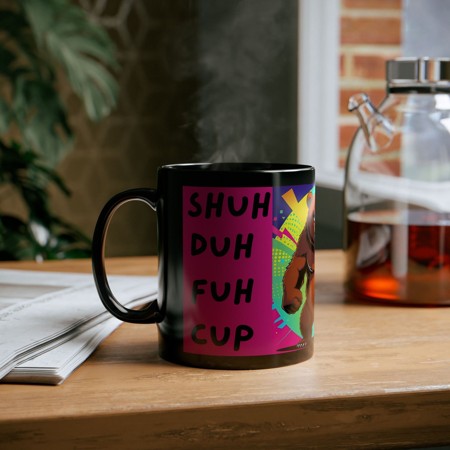 SHUH DUH FUH CUP Fierce Bear Mug - black mug with funny angry bear and funny text