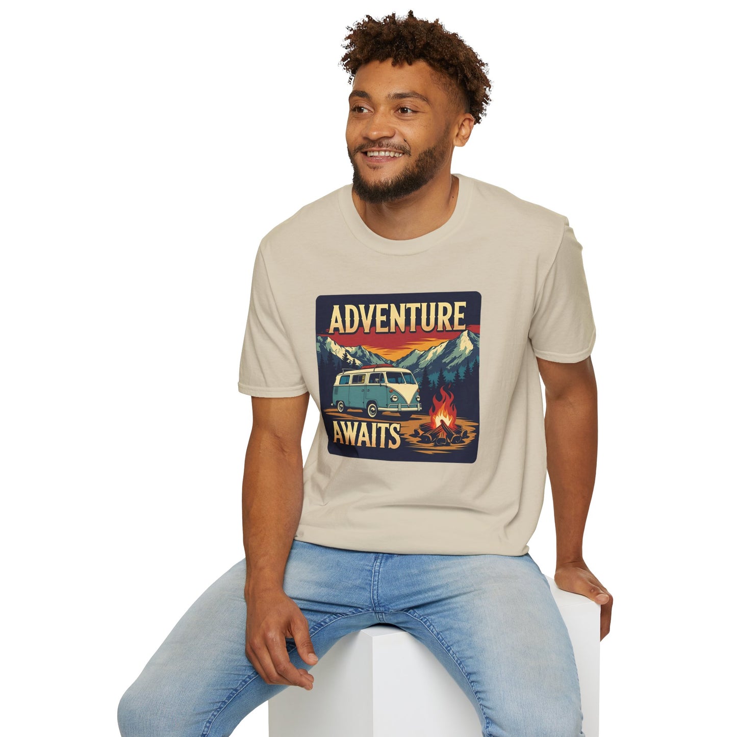 Adventure Awaits - Retro Camper Van Adventure T-Shirt in Sand