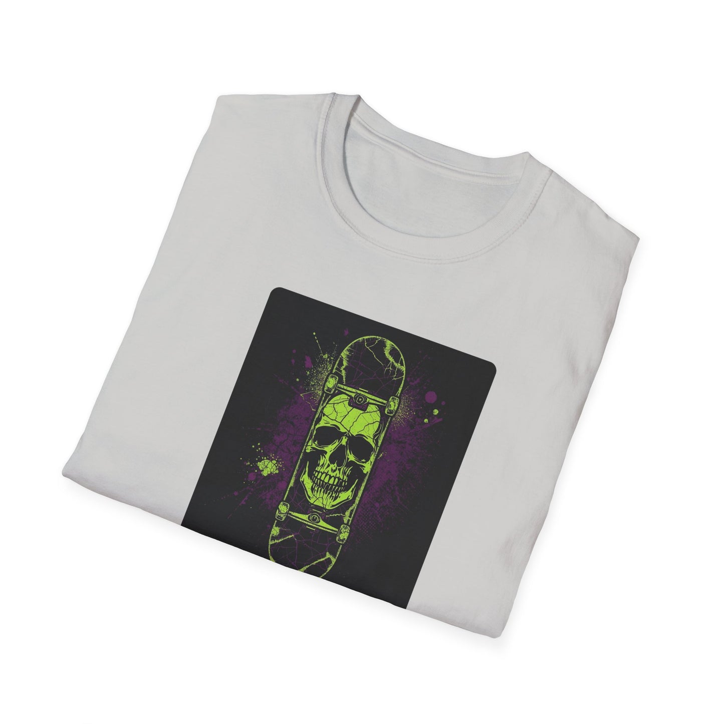 Neon Skull Skateboard – Electric Street Rebel T-Shirt in Ice Grey - Folded