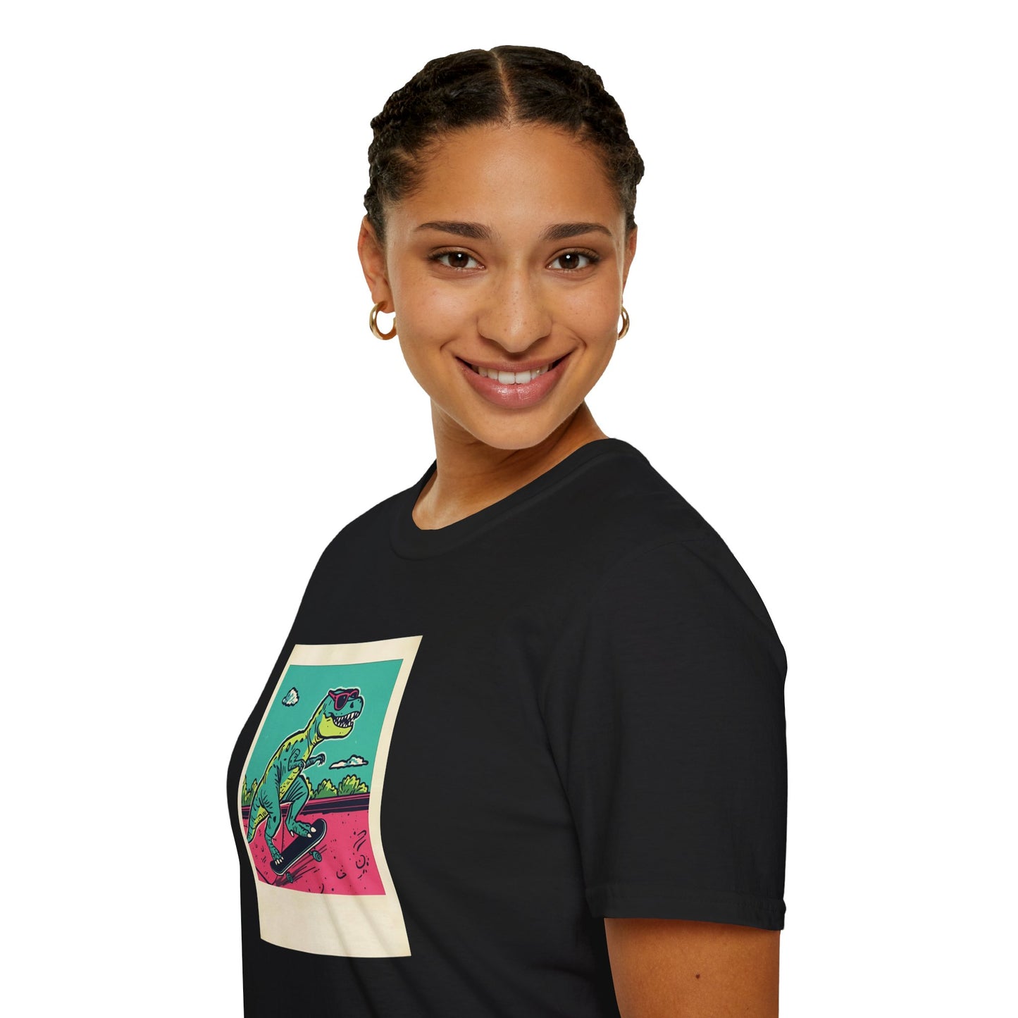 Retro Skater T-Rex T-Shirt – 90s Polaroid Dinosaur in Sunglasses