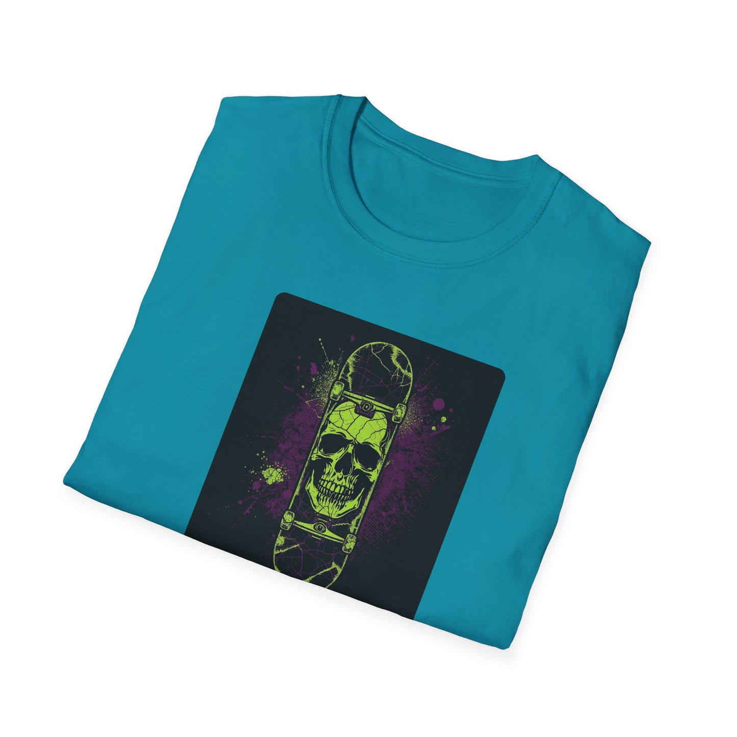 Neon Skull Skateboard – Electric Street Rebel T-Shirt in Tropical Blue - Folded
