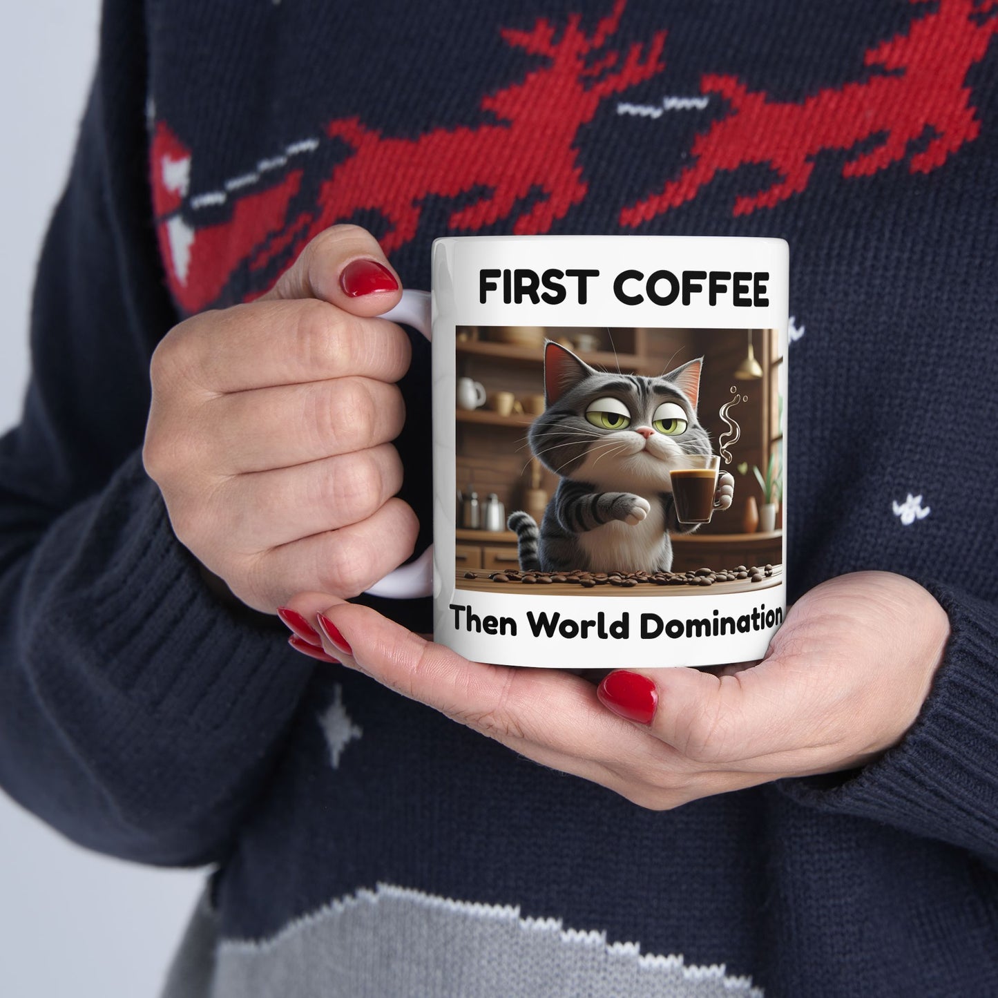 First Coffee, Then World Domination – Funny Sneaky Cat Mug
