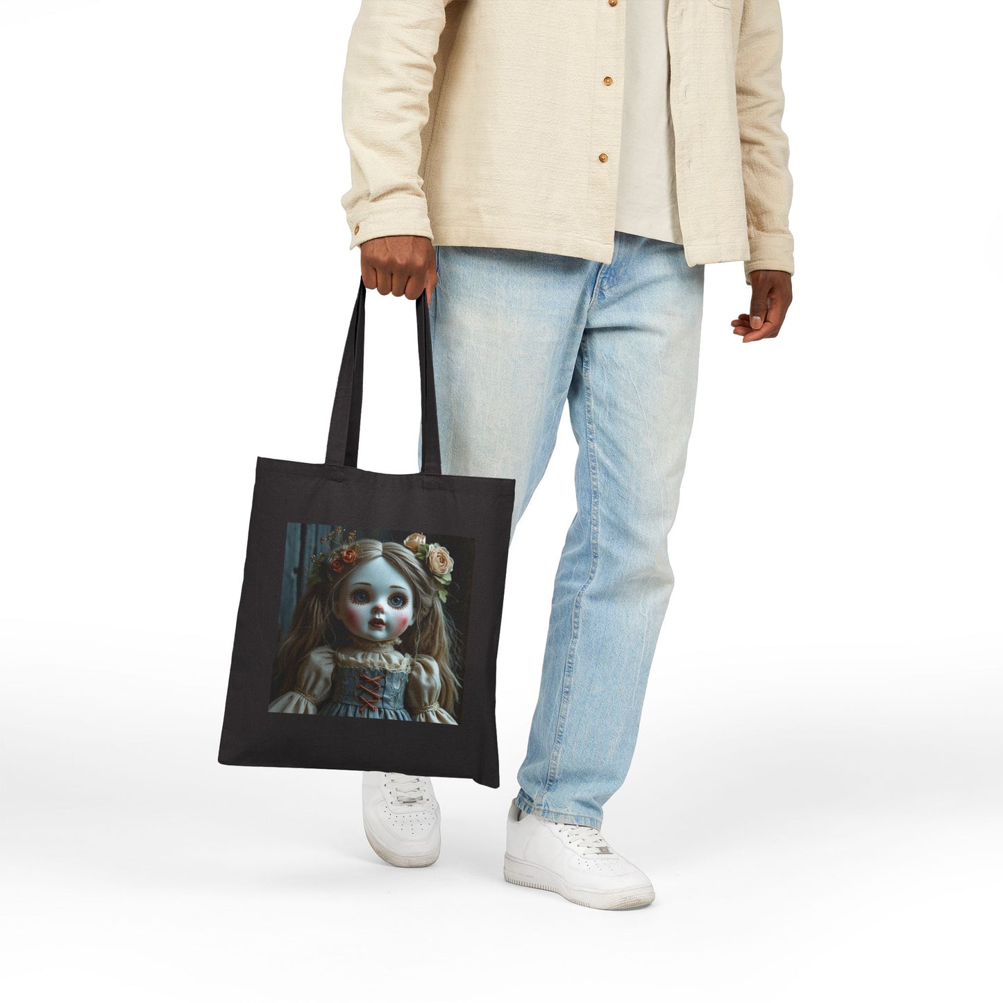 Ruby - Spooky Doll Canvas Tote Bag in Black