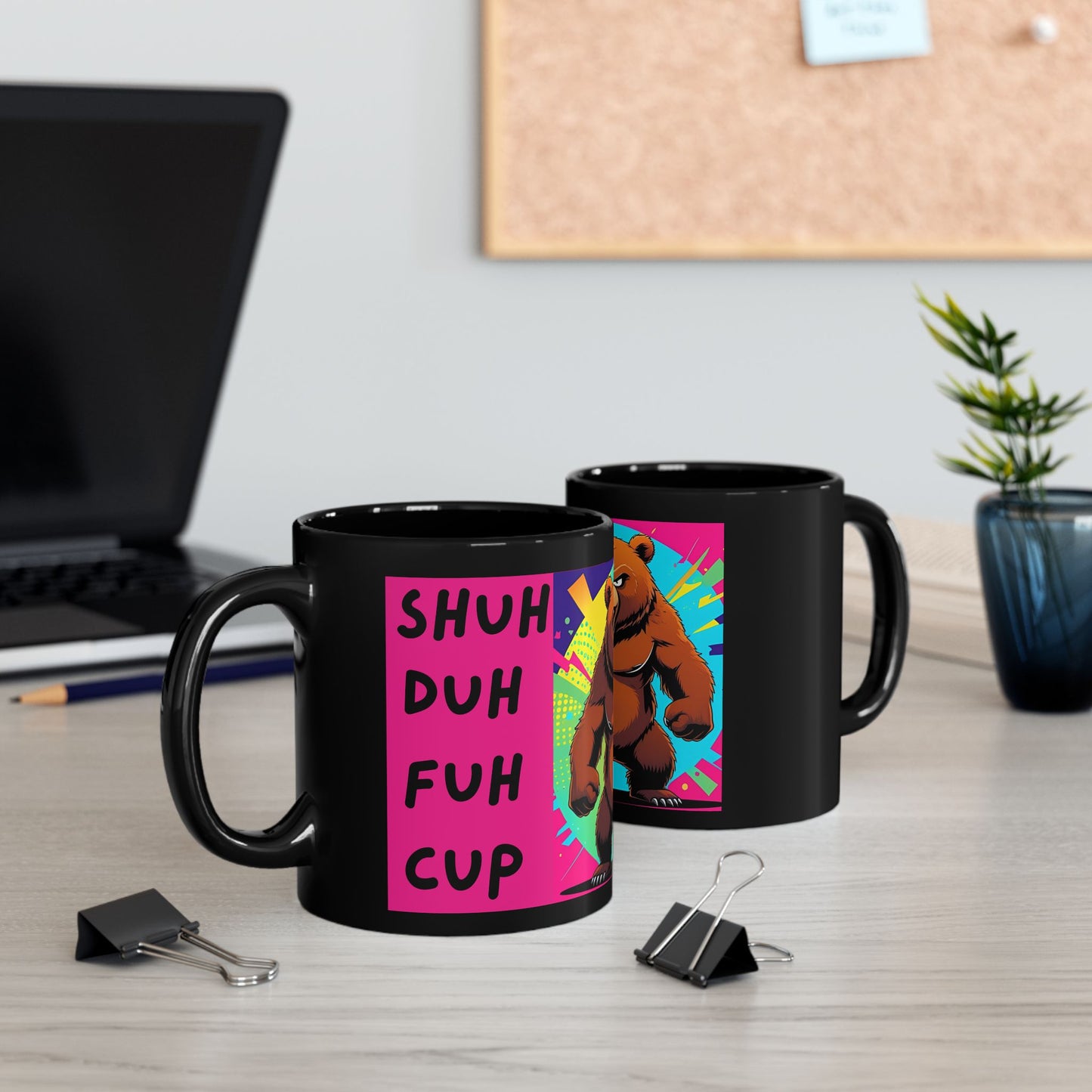 SHUH DUH FUH CUP Fierce Bear Mug - two mugs with front and back view - black mug with funny angry bear and funny text