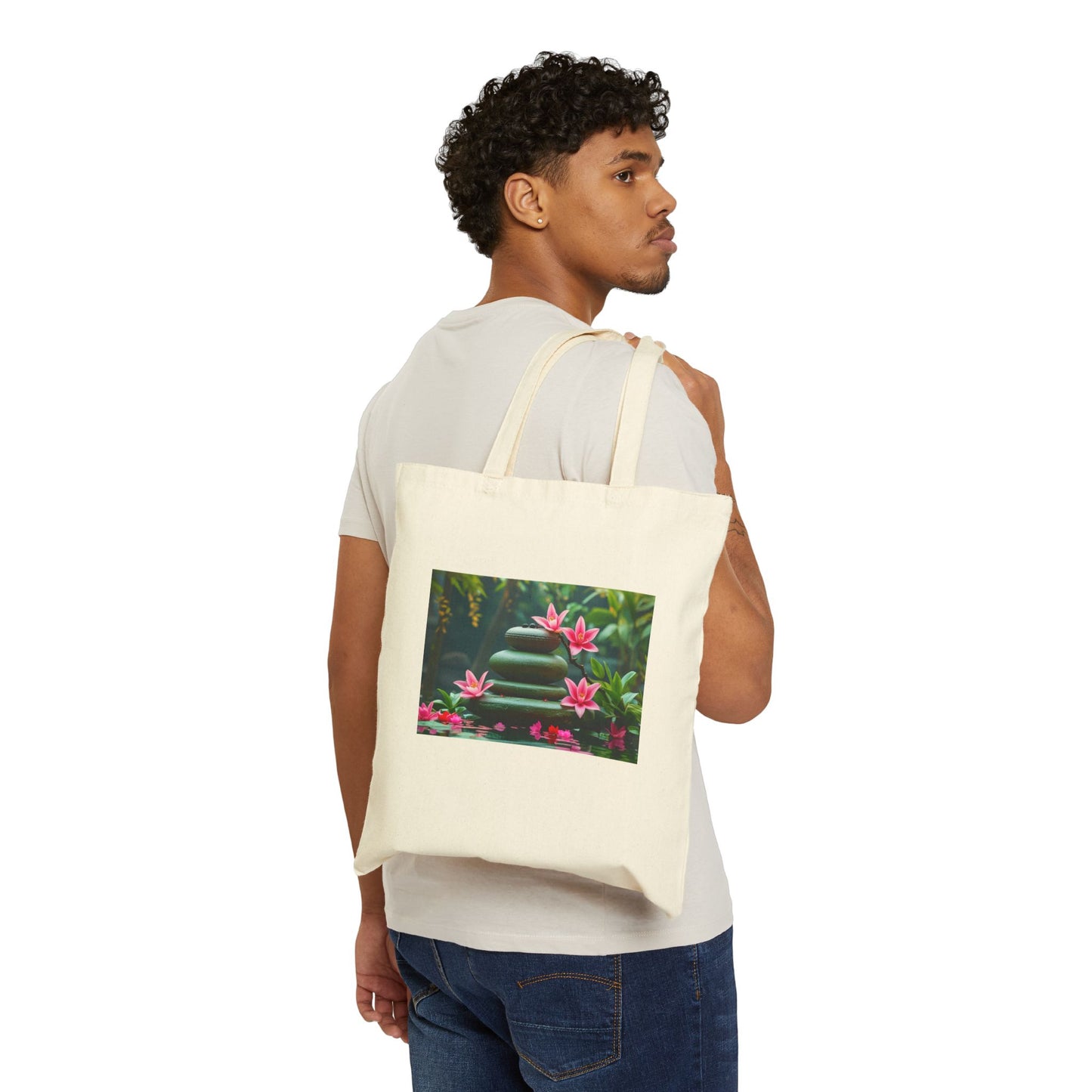 Serene Lotus Garden Cotton Canvas Tote Bag in Natural