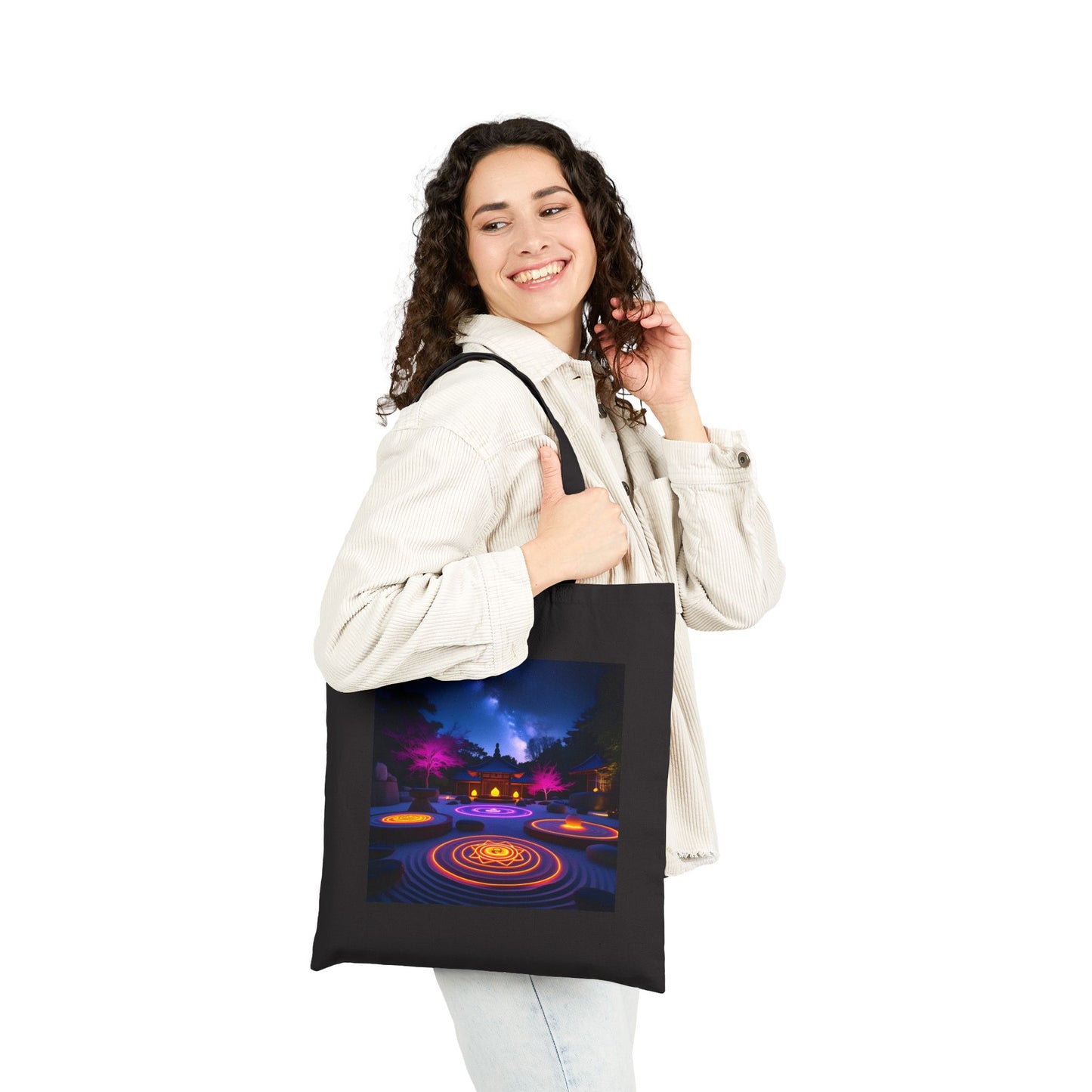 Zen Garden with Neon Chakras Spiritual Canvas Tote Bag in Black