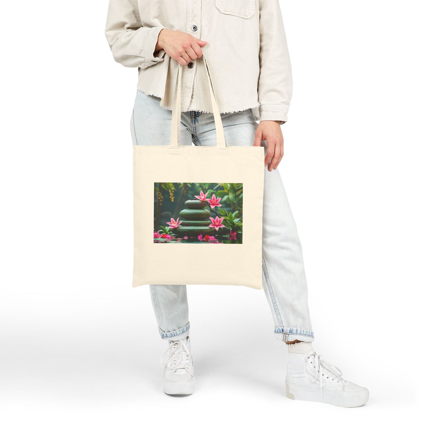 Serene Lotus Garden Cotton Canvas Tote Bag in Natural