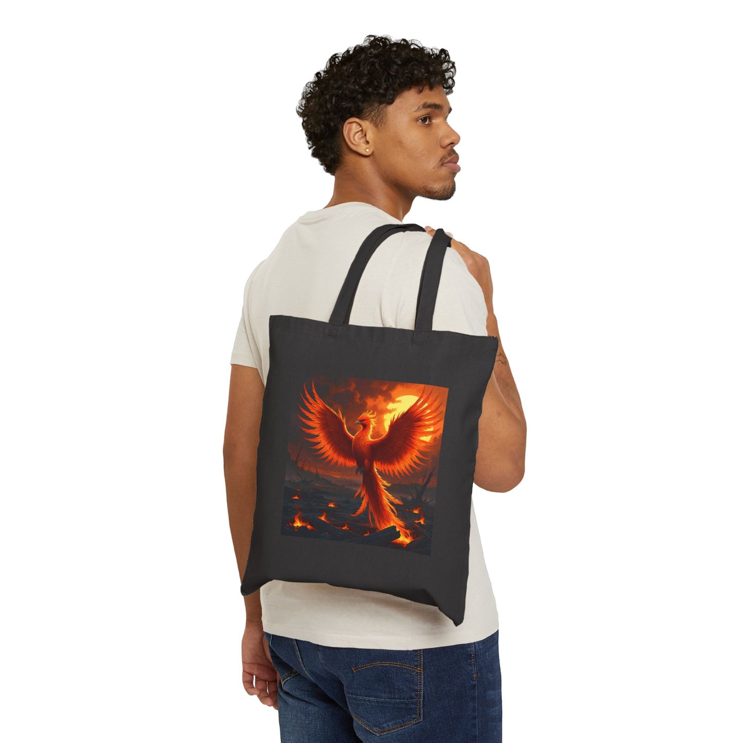 Phoenix Fire Cotton Canvas Tote Bag in Black