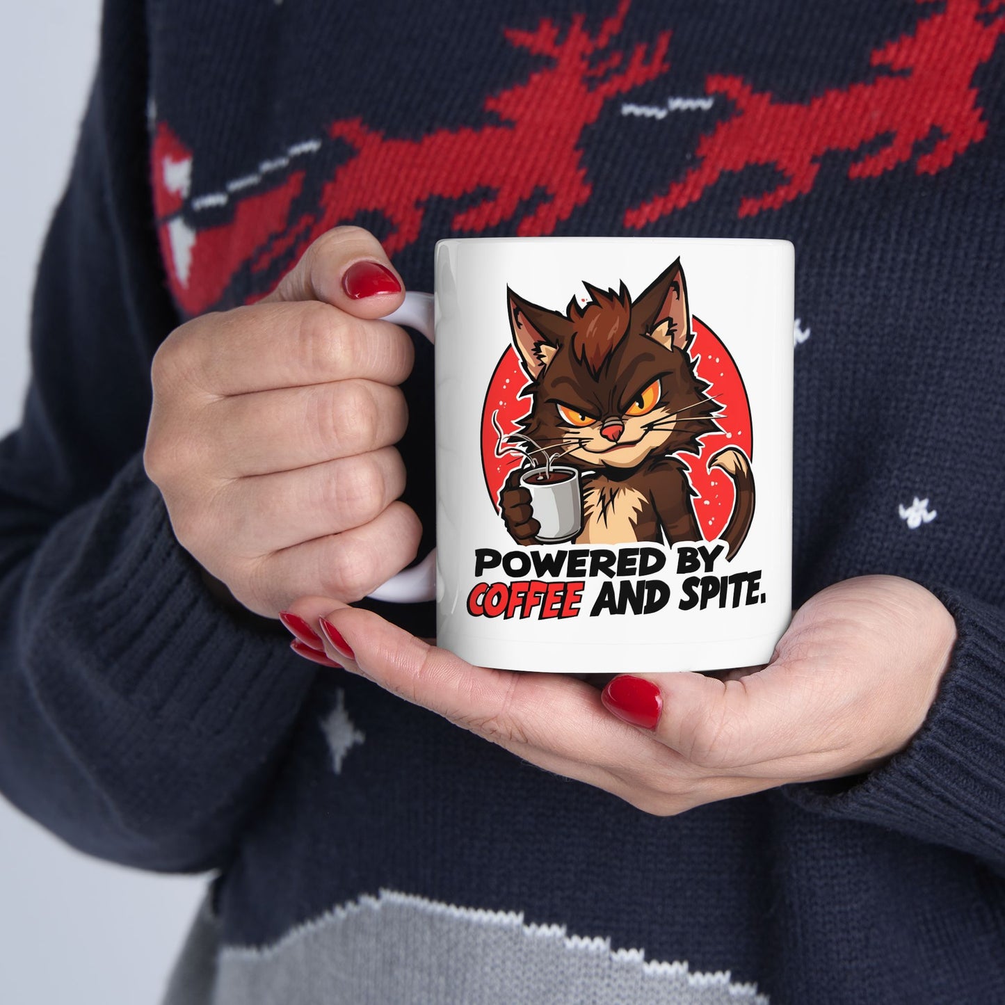 Powered by Coffee and Spite Funny Ceramic Mug - white mug with image and funny text