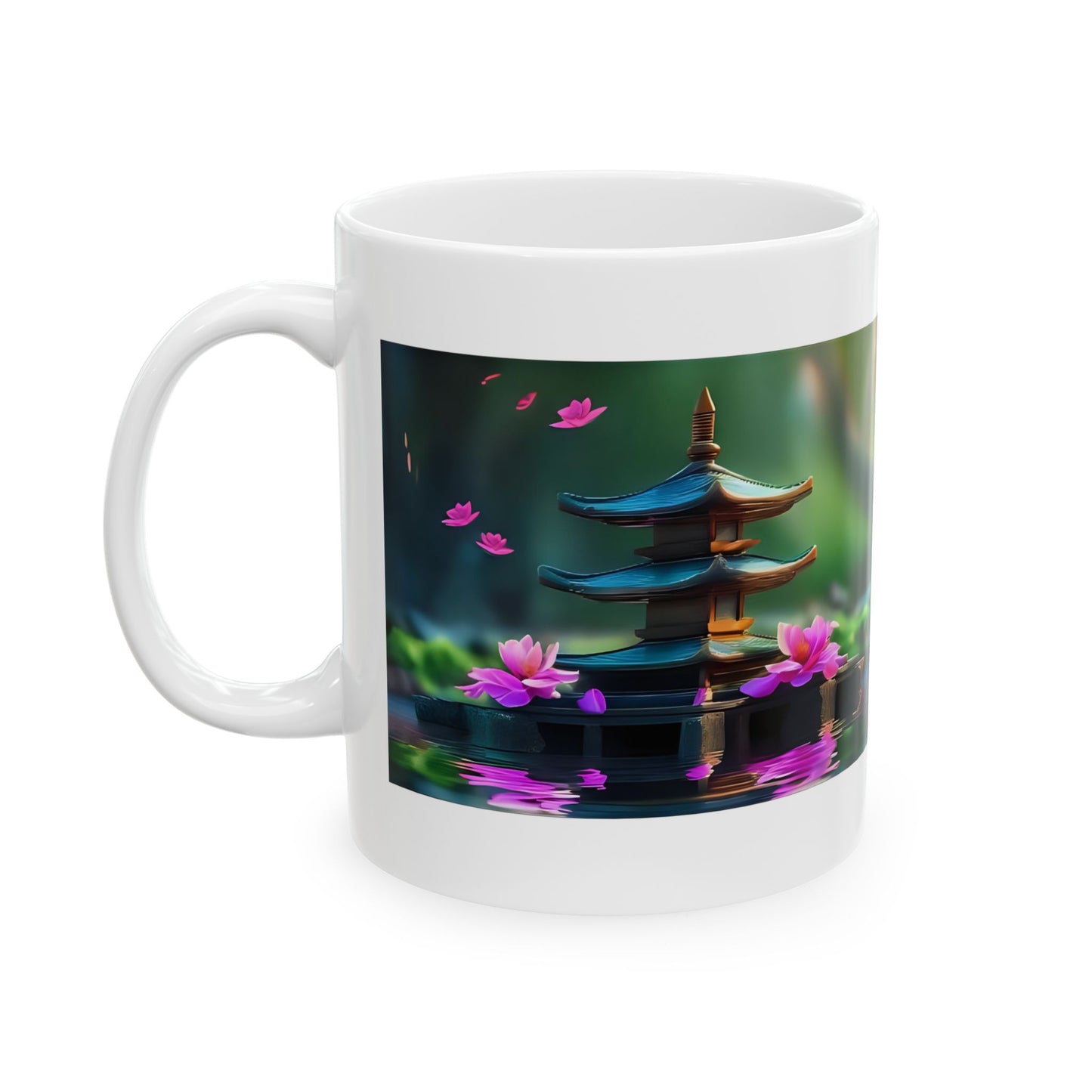 Lotus Temple Reflections Mug - White mug with a pagoda and lotus design
