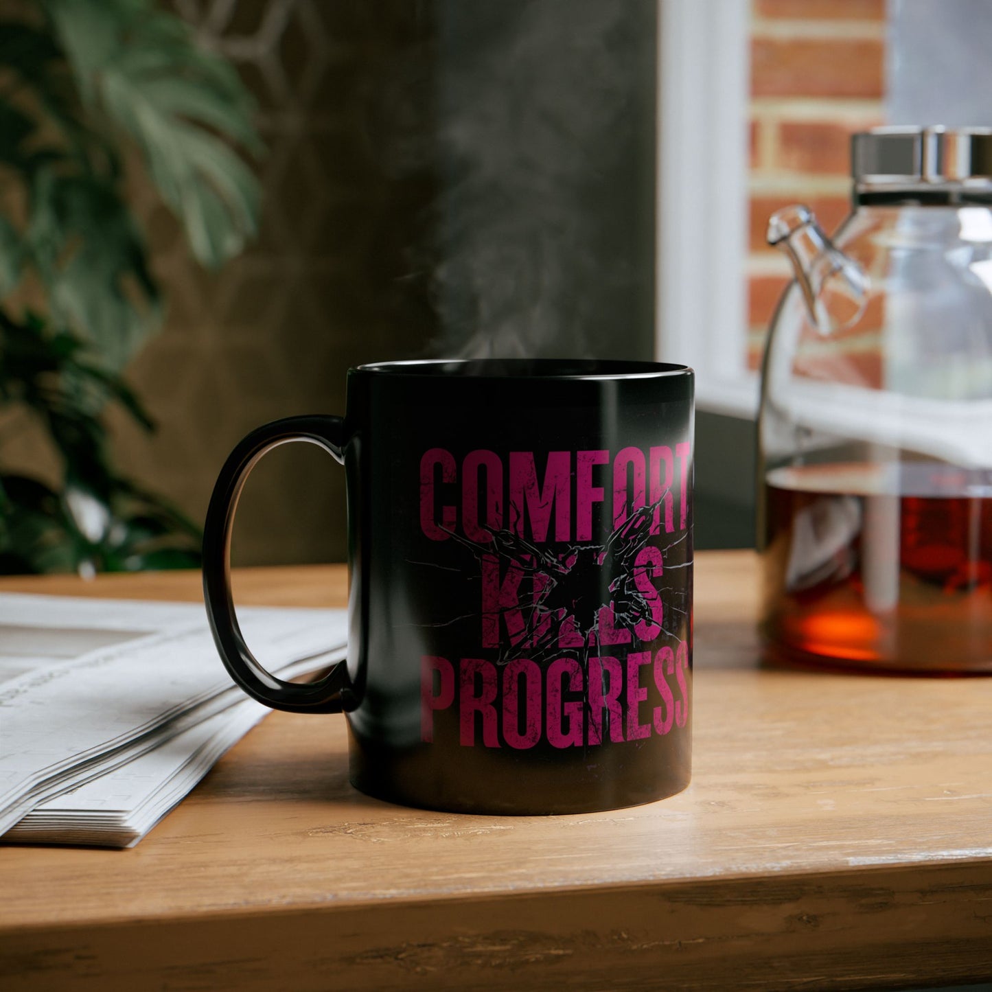 Comfort Kills Progress – Urban Grind Mug - black mug with motivational text