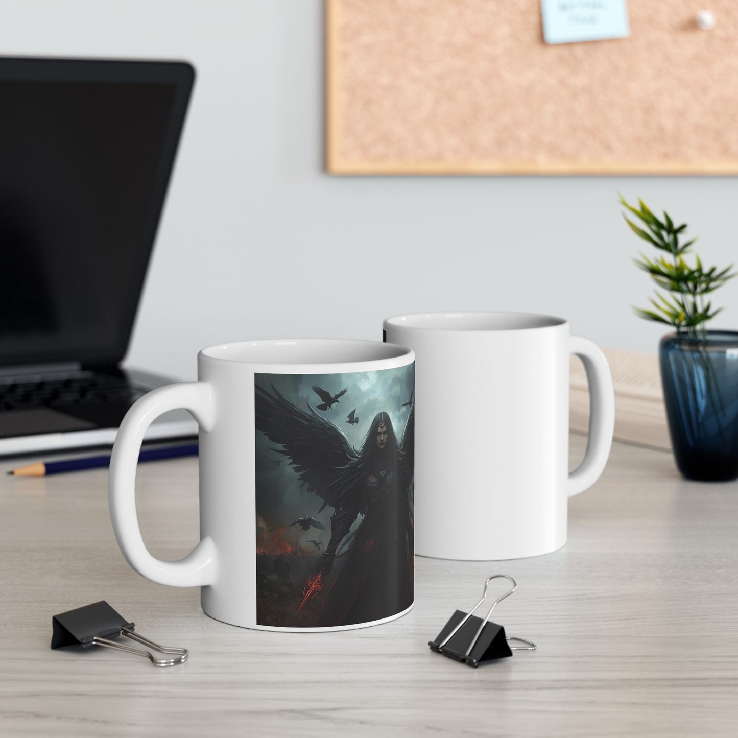 Morrigan – Celtic Goddess Coffee Mug - two mugs with front and back views - white cup with Morrigan image