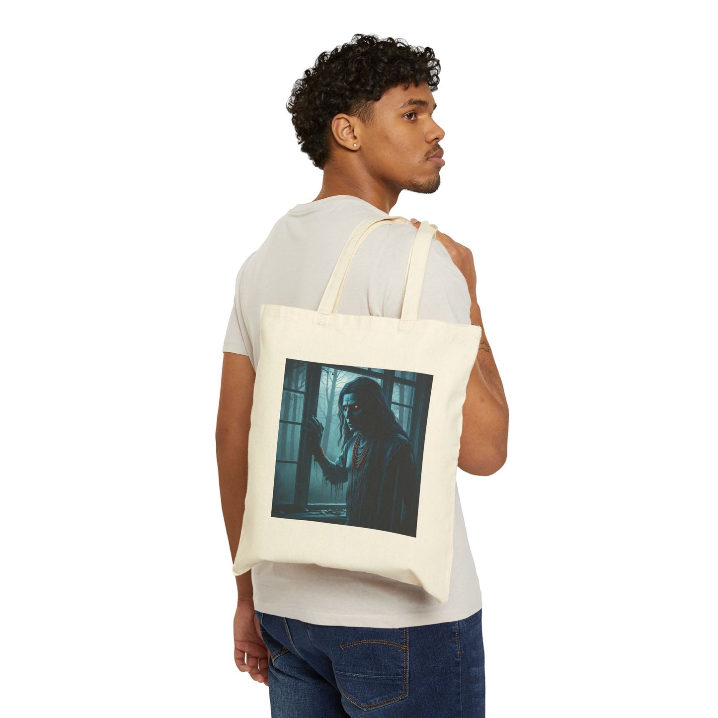 Spooky Ghost Art Cotton Canvas Tote Bag in Natural
