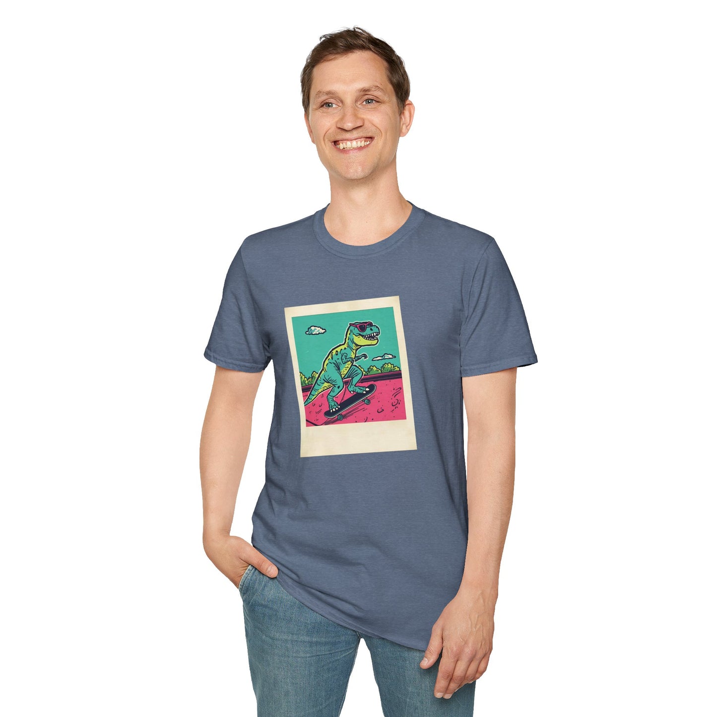 Retro Skater T-Rex T-Shirt – 90s Polaroid Dinosaur in Sunglasses