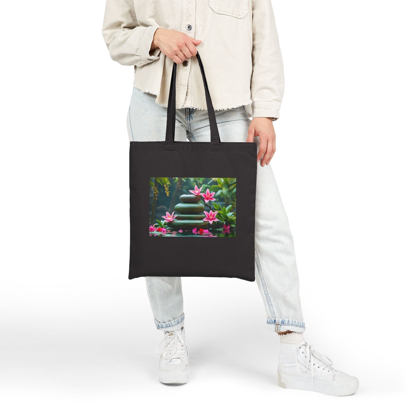 Serene Lotus Garden Cotton Canvas Tote Bag in Black