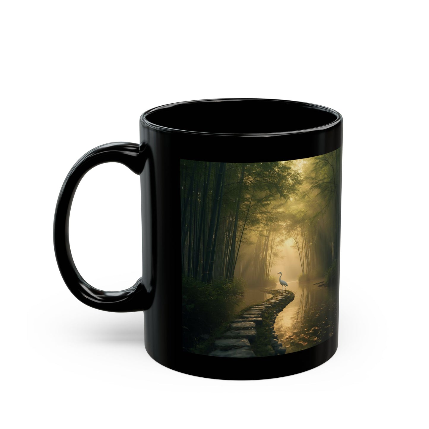 Whispers of the Bamboo Grove Mug - Black mug with a Grove design