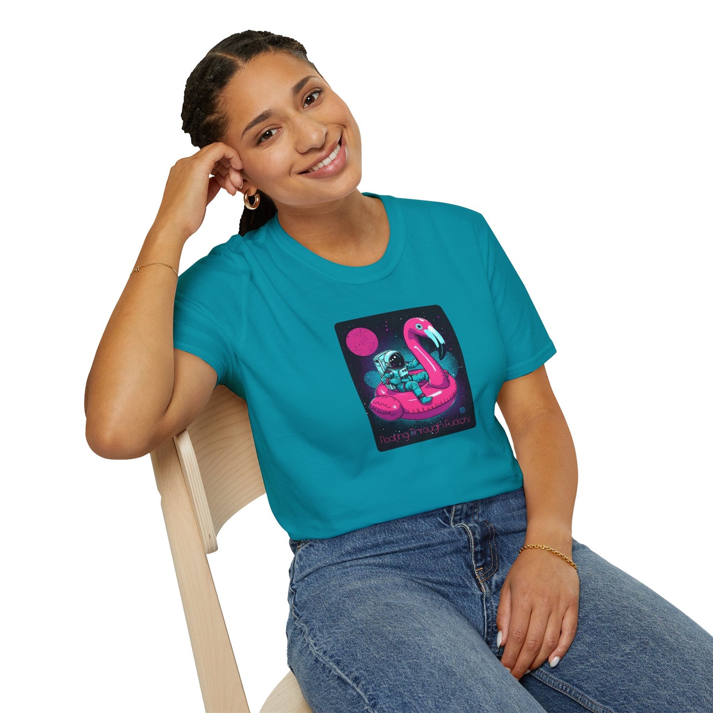 Floating Through Fckery T-Shirt – Surreal Astronaut Flamingo Space Tee