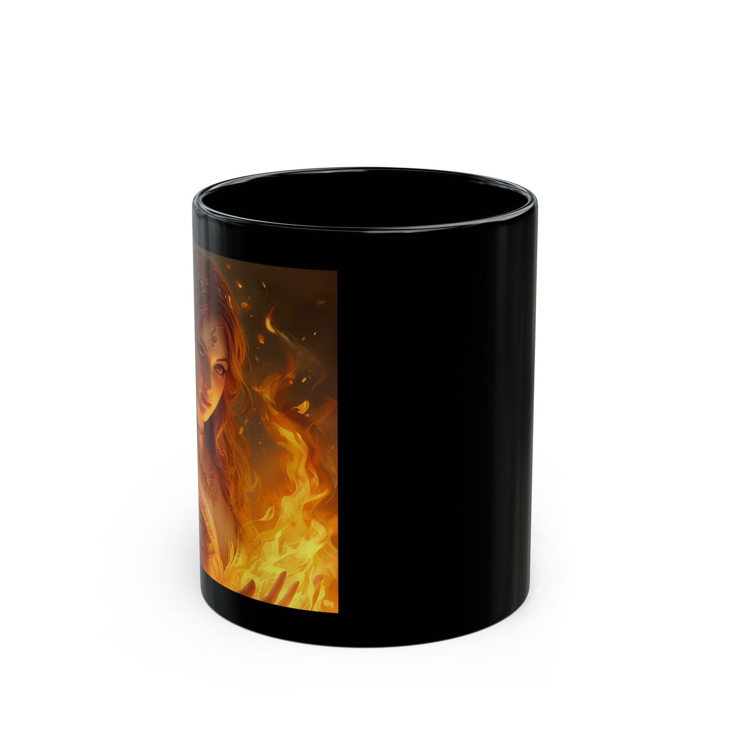 Hestia – Keeper of the Hearth Coffee Mug - side view - black mug with Hestia image