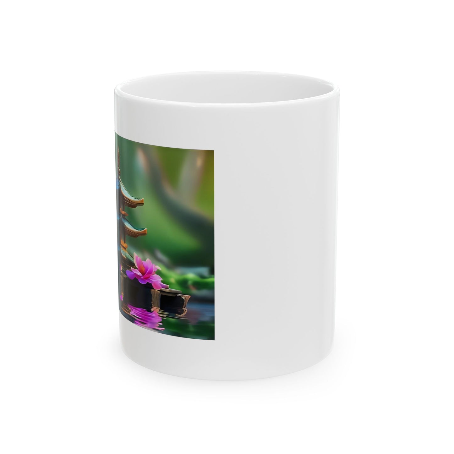 Lotus Temple Reflections Mug - Side View - White mug with a serene design
