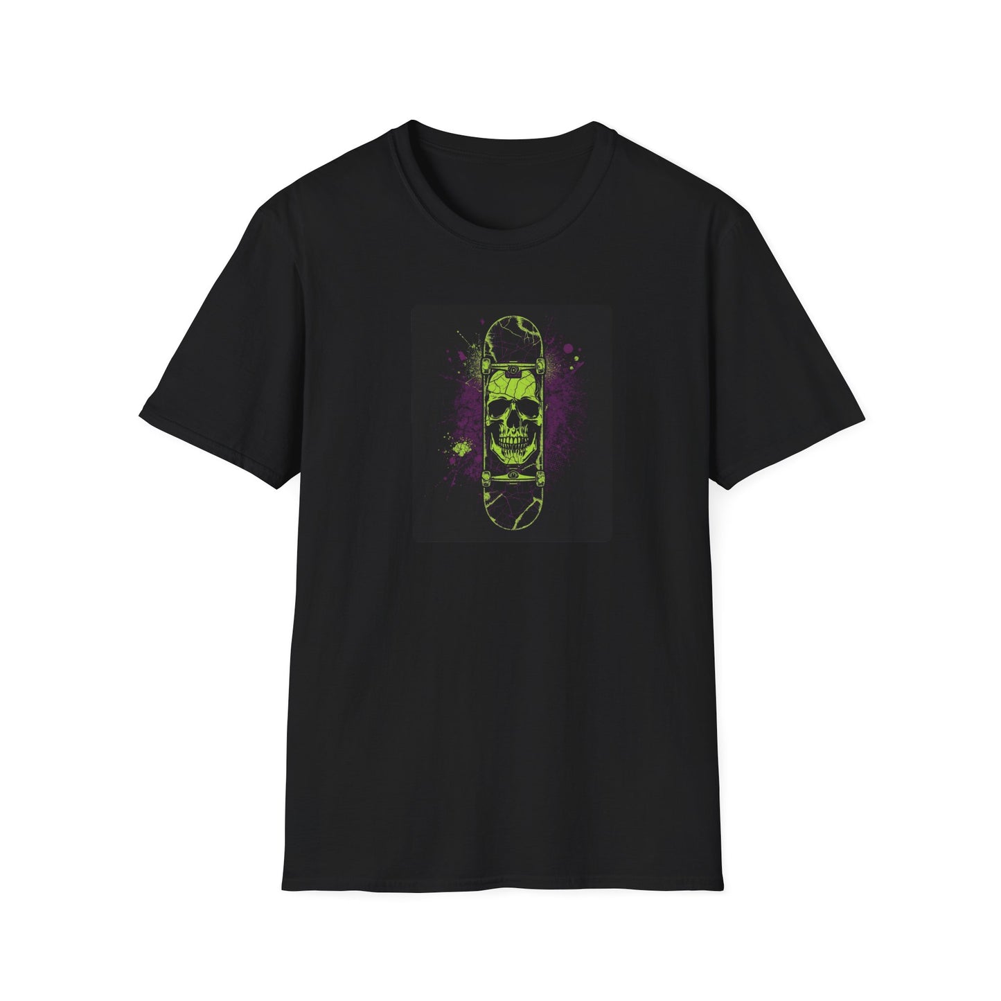 Neon Skull Skateboard – Electric Street Rebel T-Shirt in Black