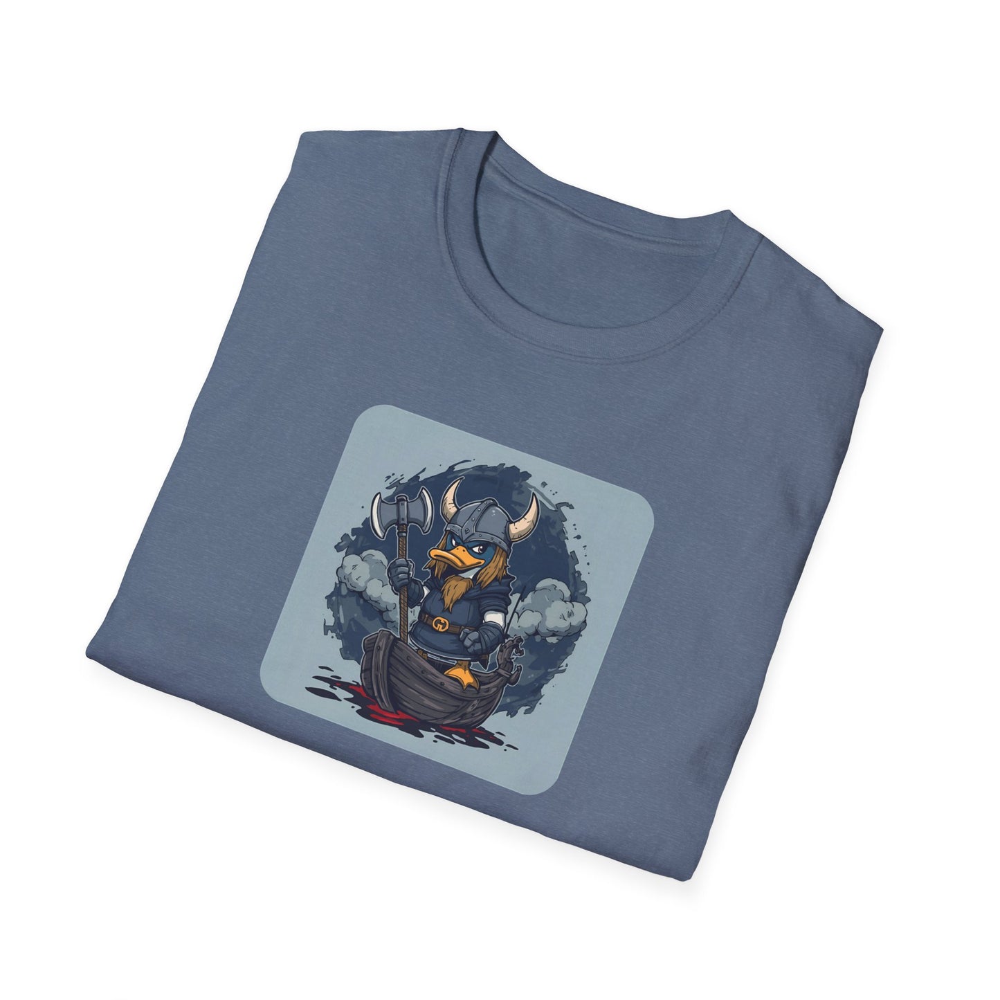 Goth Viking Duck – Dark Cartoon Chaos T-Shirt in Heather Indigo -Folded