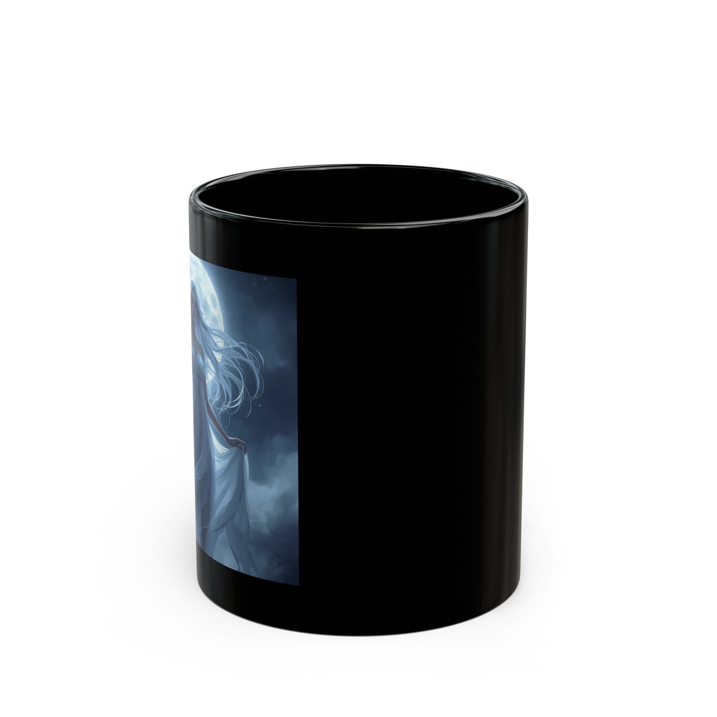 Selene - Lunar Empress Mug - side view - black mug with image of Selene