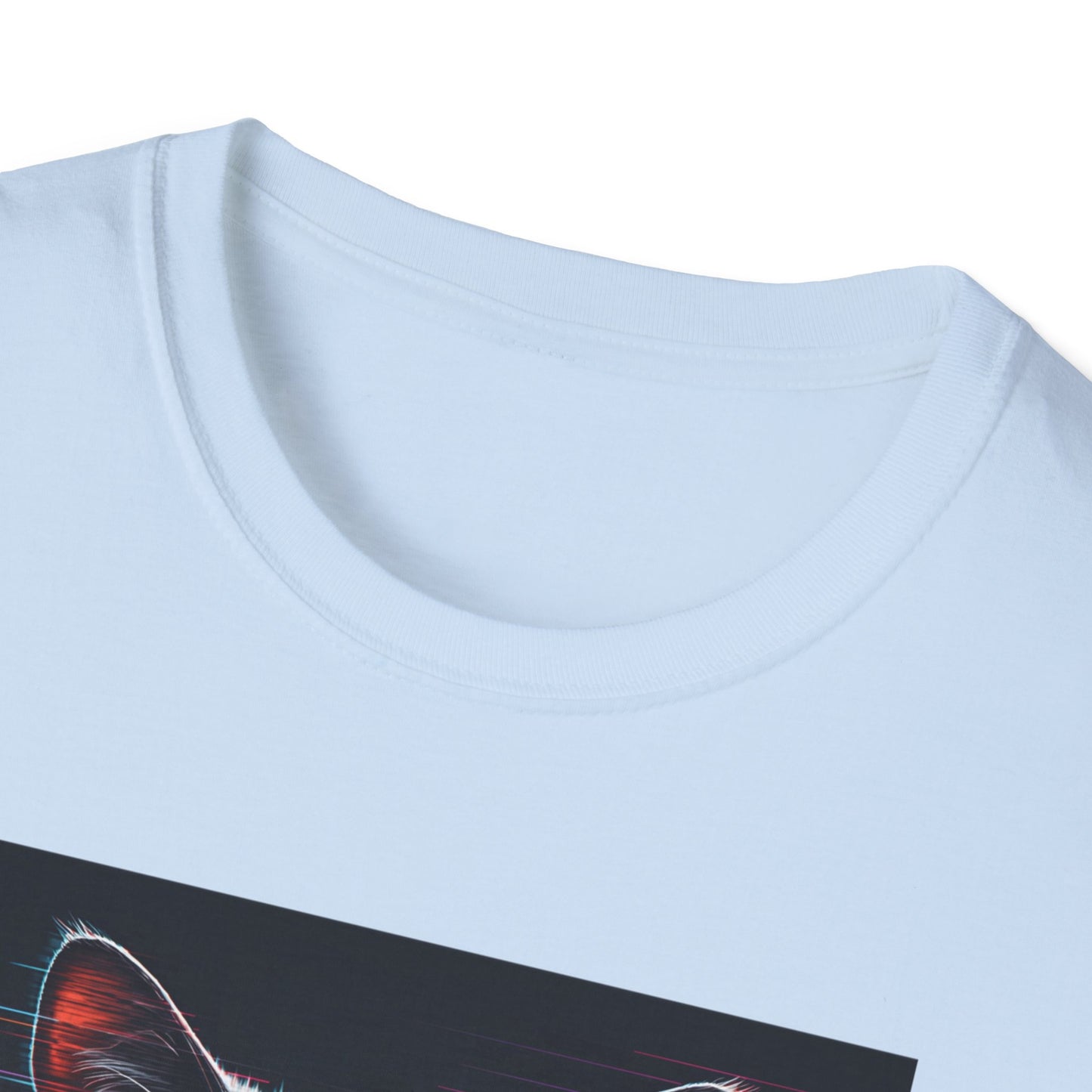 Pixellated Cat - Retro Meow Mode T-Shirt in Light Blue - Neckline
