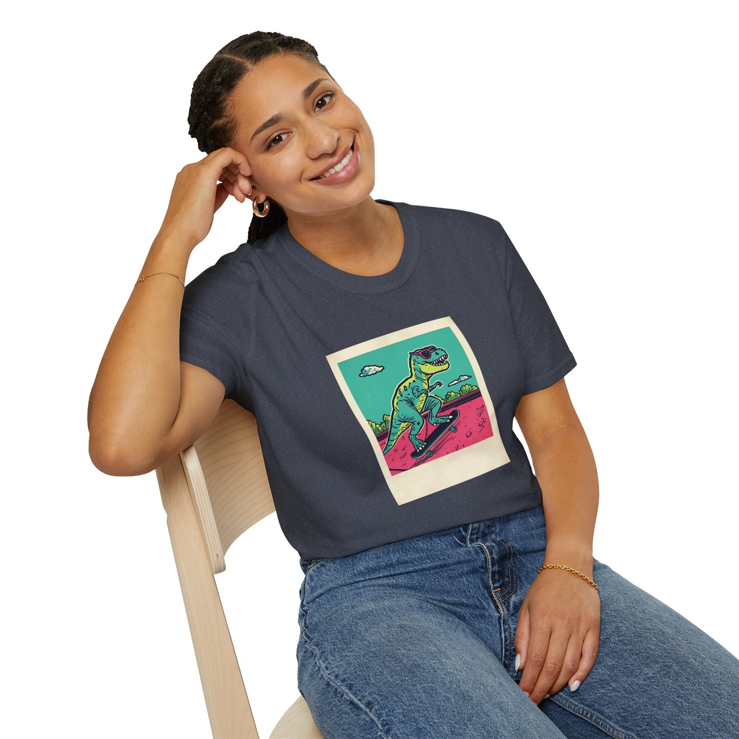 Retro Skater T-Rex T-Shirt – 90s Polaroid Dinosaur in Sunglasses